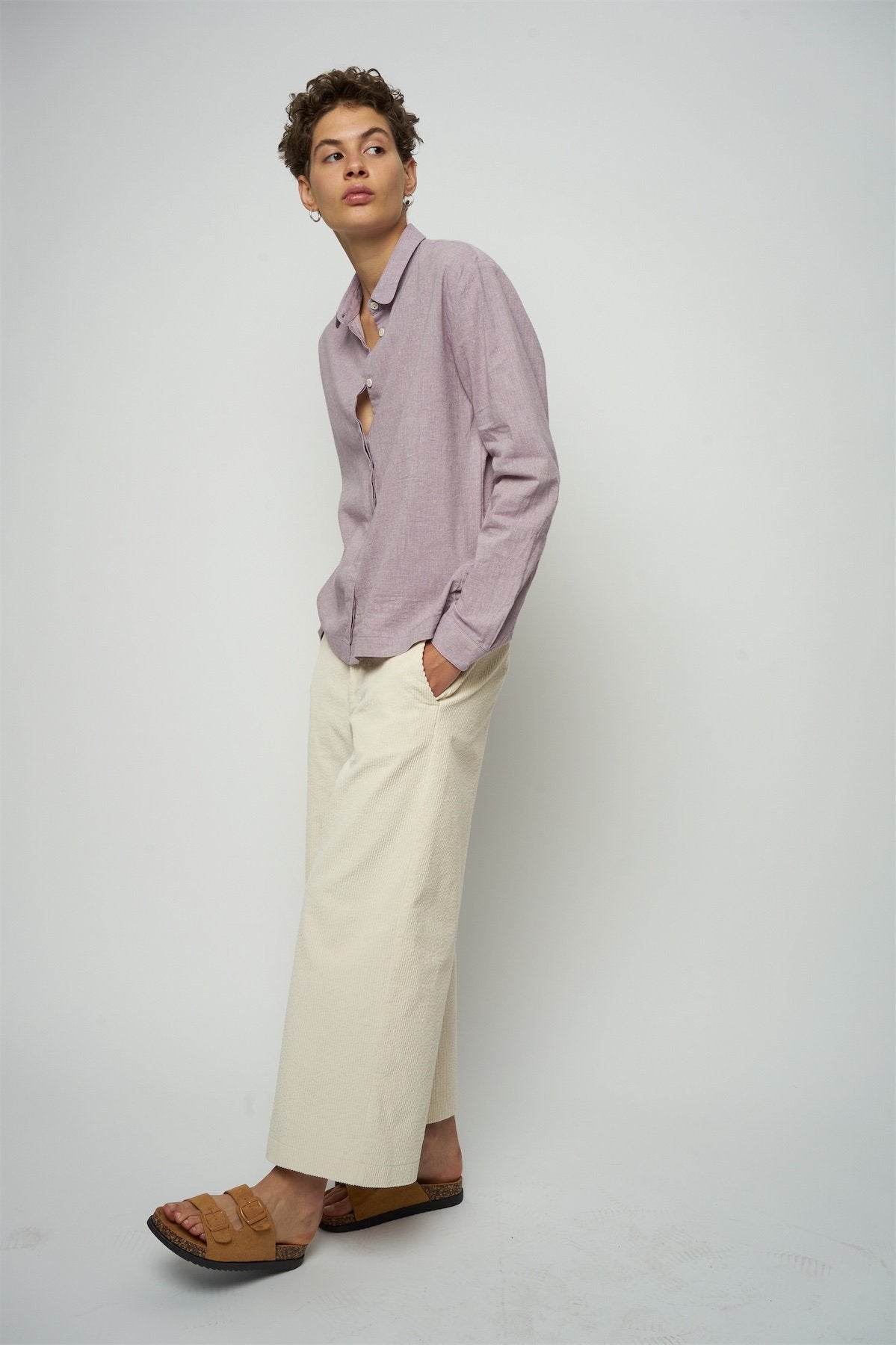 Cute Round Collar Shirt in a Purple Heather Japanese Organic Cotton and Linen