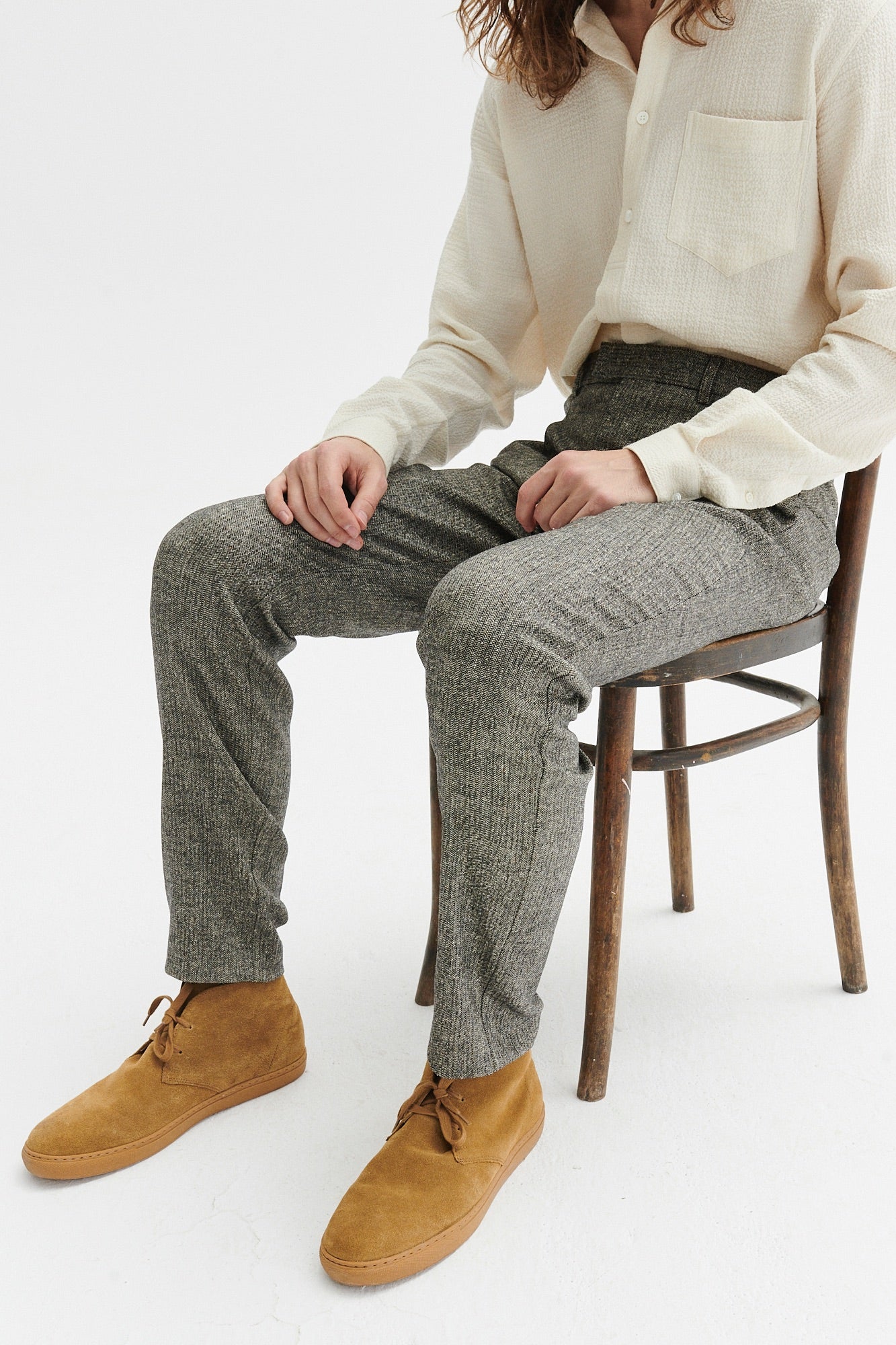 Bohemian Trousers in a Grey Herringbone Italian Wool and Silk