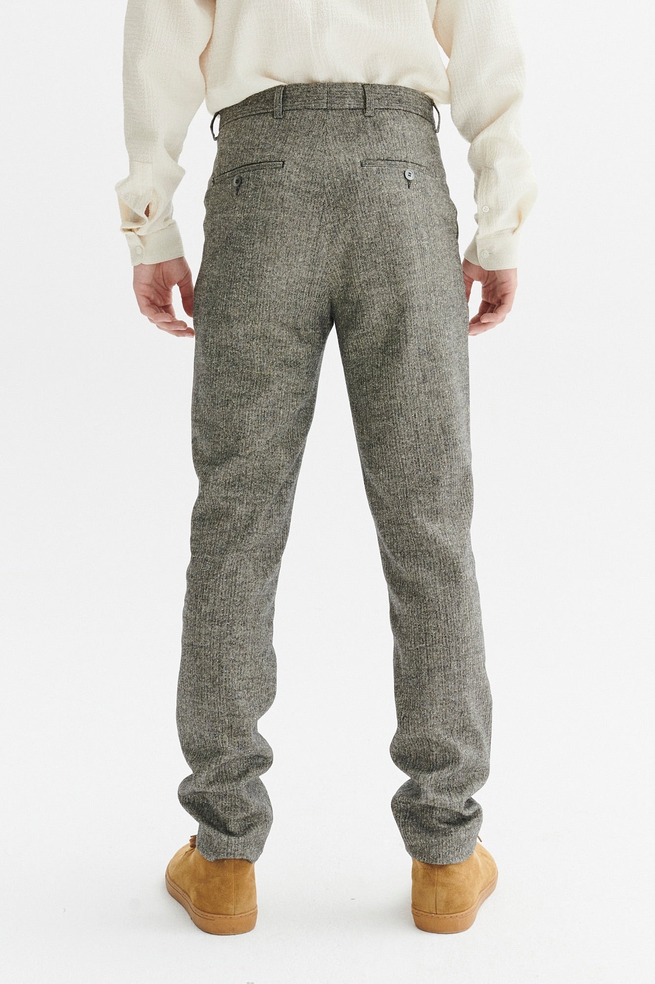 Bohemian Trousers in a Grey Herringbone Italian Wool and Silk