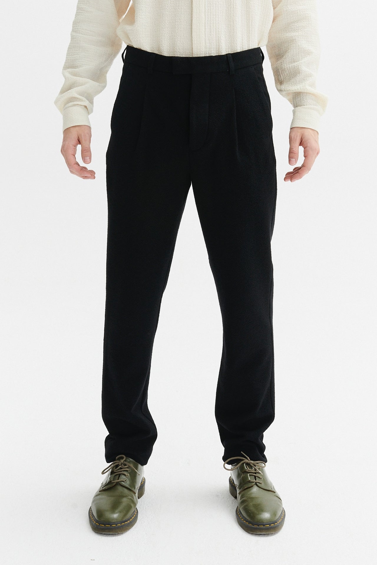 Bohemian Trousers in a Black Italian Virgin Wool and Cotton Seersucker
