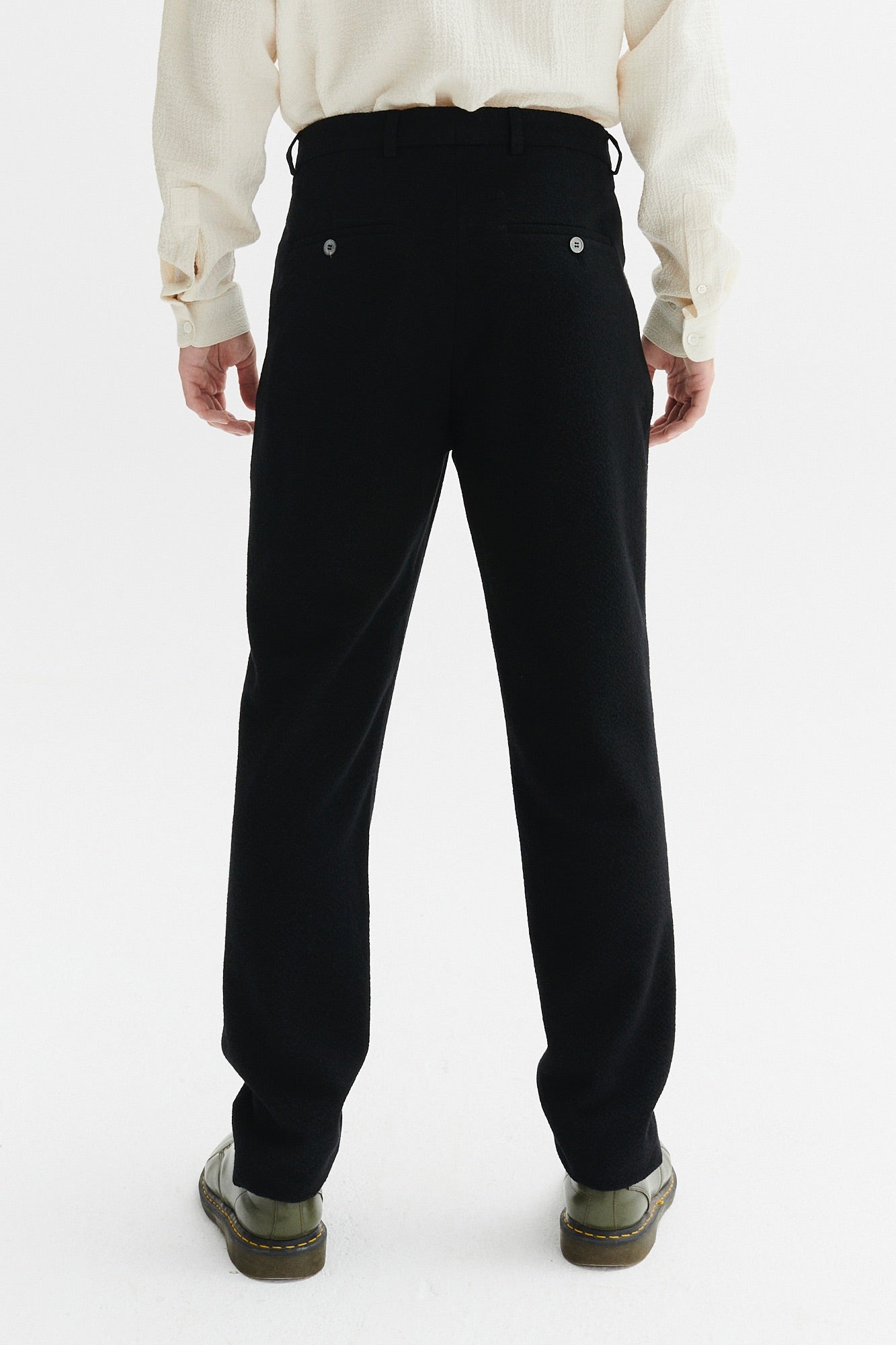 Bohemian Trousers in a Black Italian Virgin Wool and Cotton Seersucker