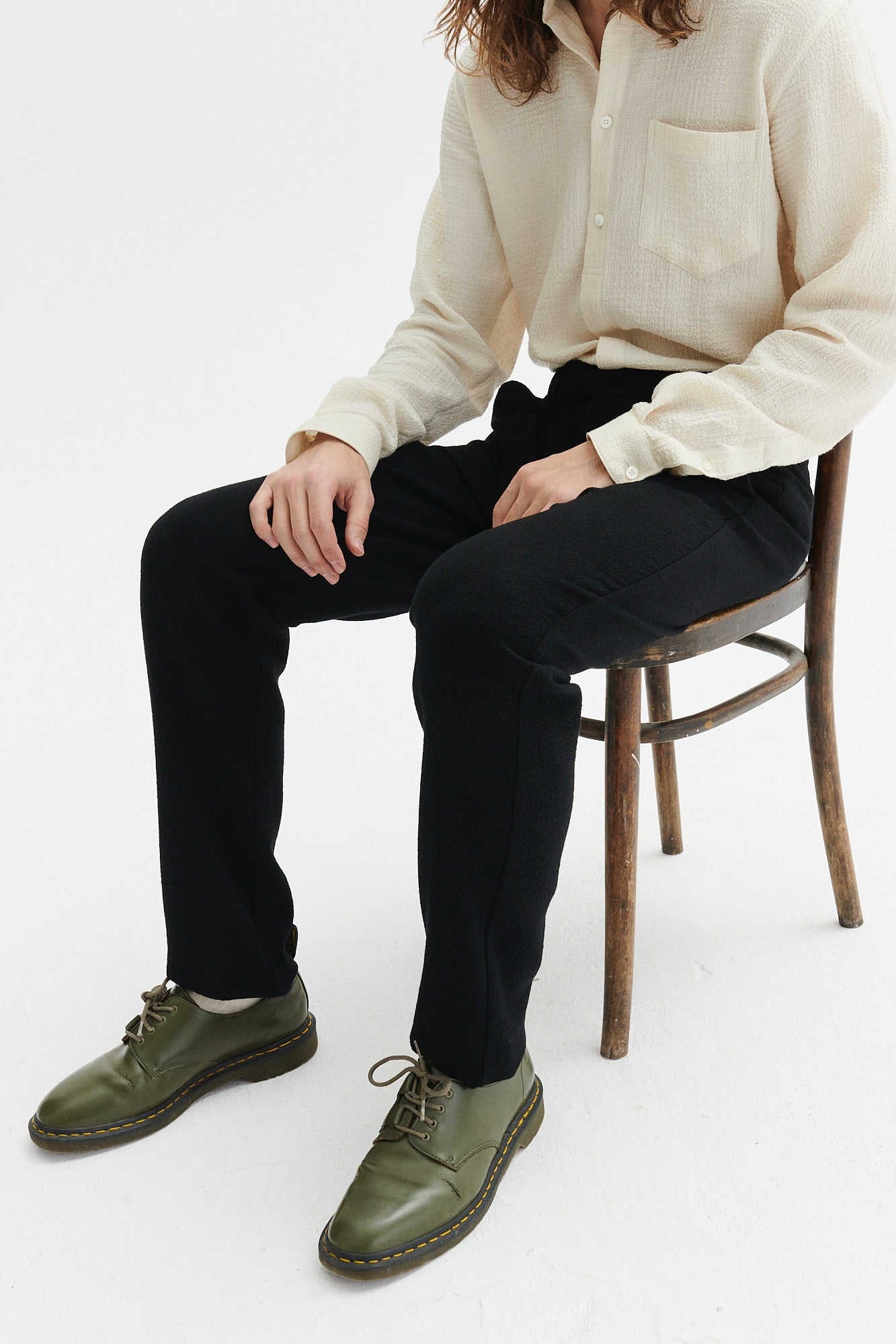 Bohemian Trousers in a Black Italian Virgin Wool and Cotton Seersucker