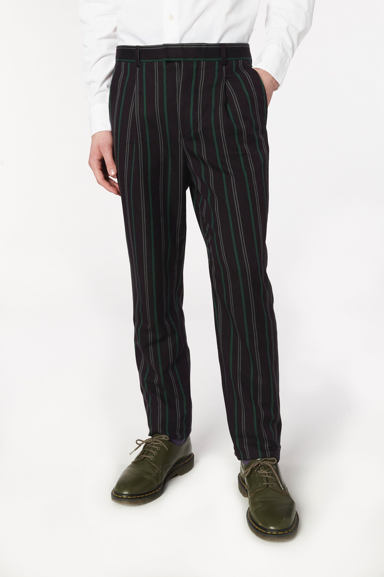 Bohemian Trousers in a Purple and Emerald Green Stripe Fine Italian Cotton