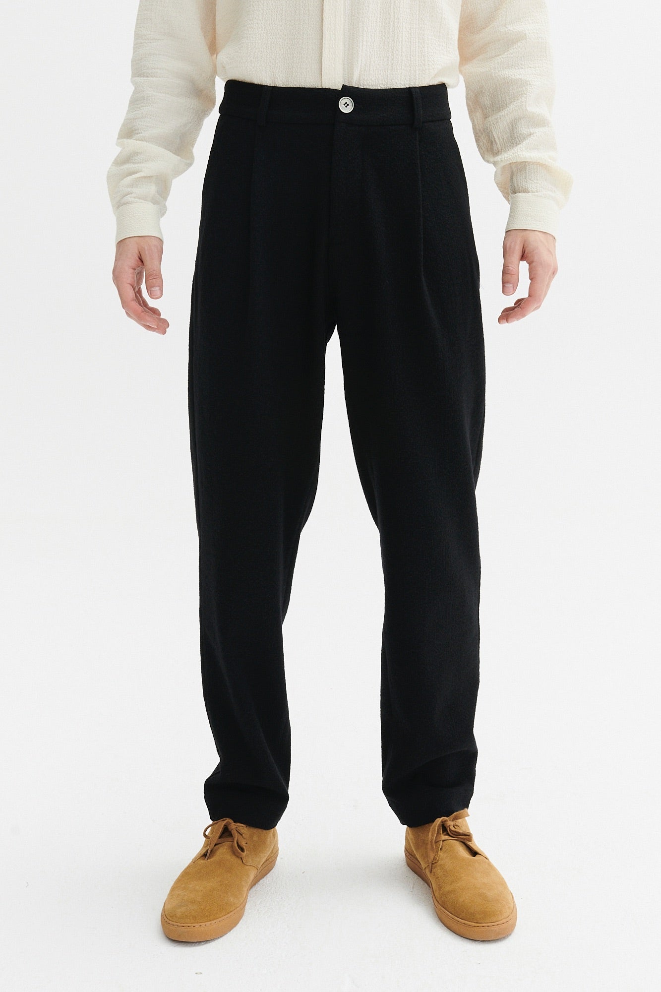 Genuine Trousers in a Black Italian Virgin Wool and Cotton Seersucker
