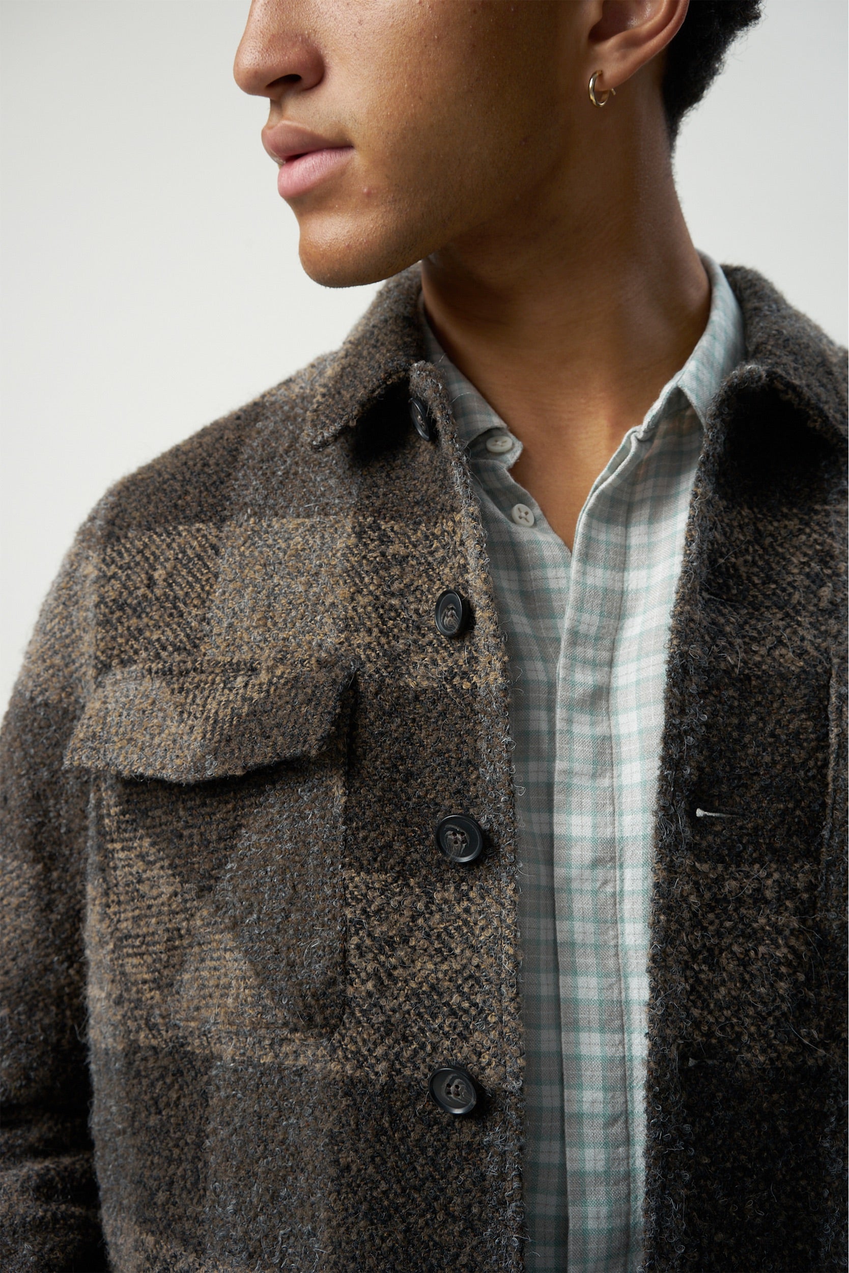 Winter Jacket in the Finest Tonal Brown Grey Chequered Italian Soft Virgin and Alpaca Wool with MEIDA Thermo Insulation