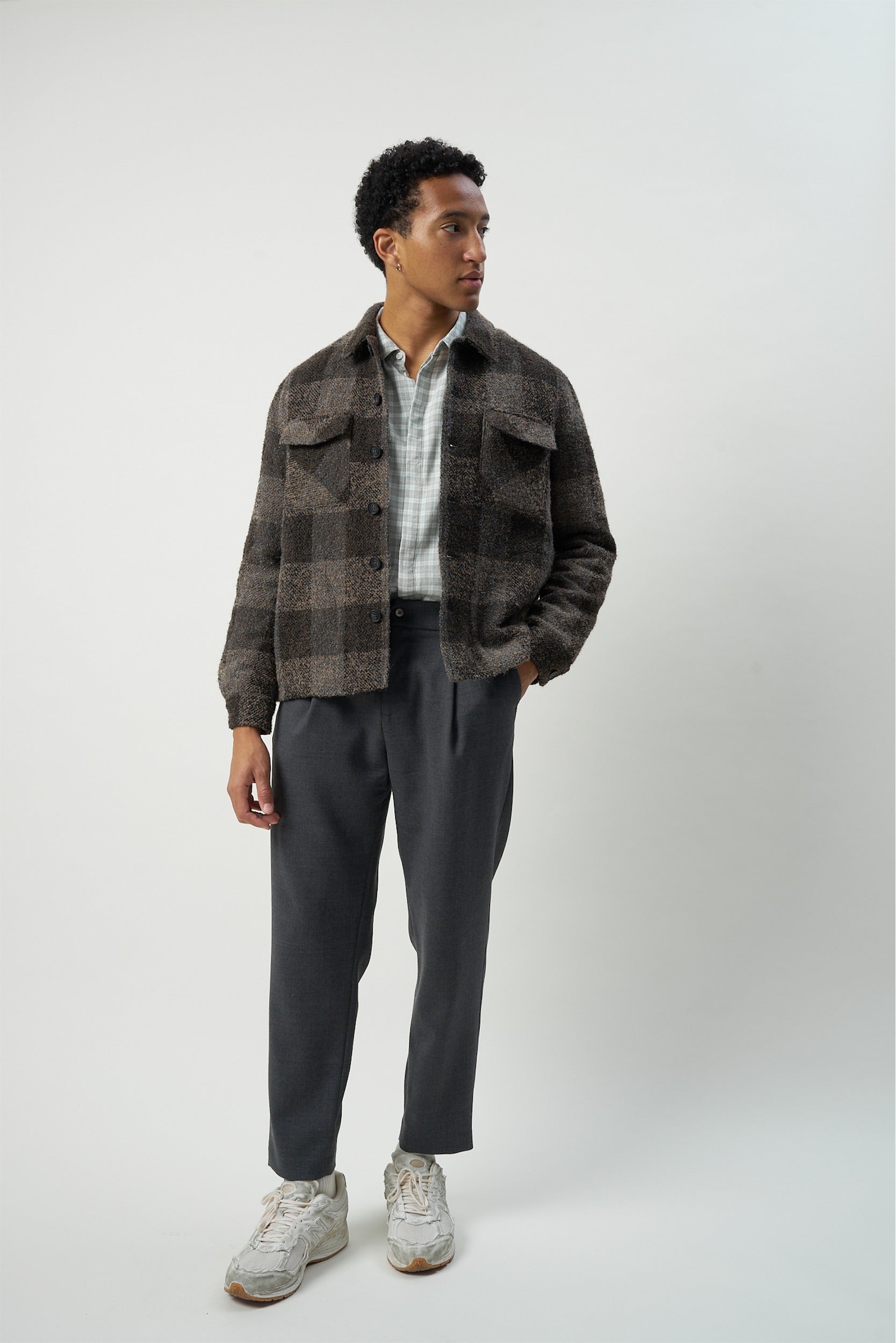 Winter Jacket in the Finest Tonal Brown Grey Chequered Italian Soft Virgin and Alpaca Wool with MEIDA Thermo Insulation
