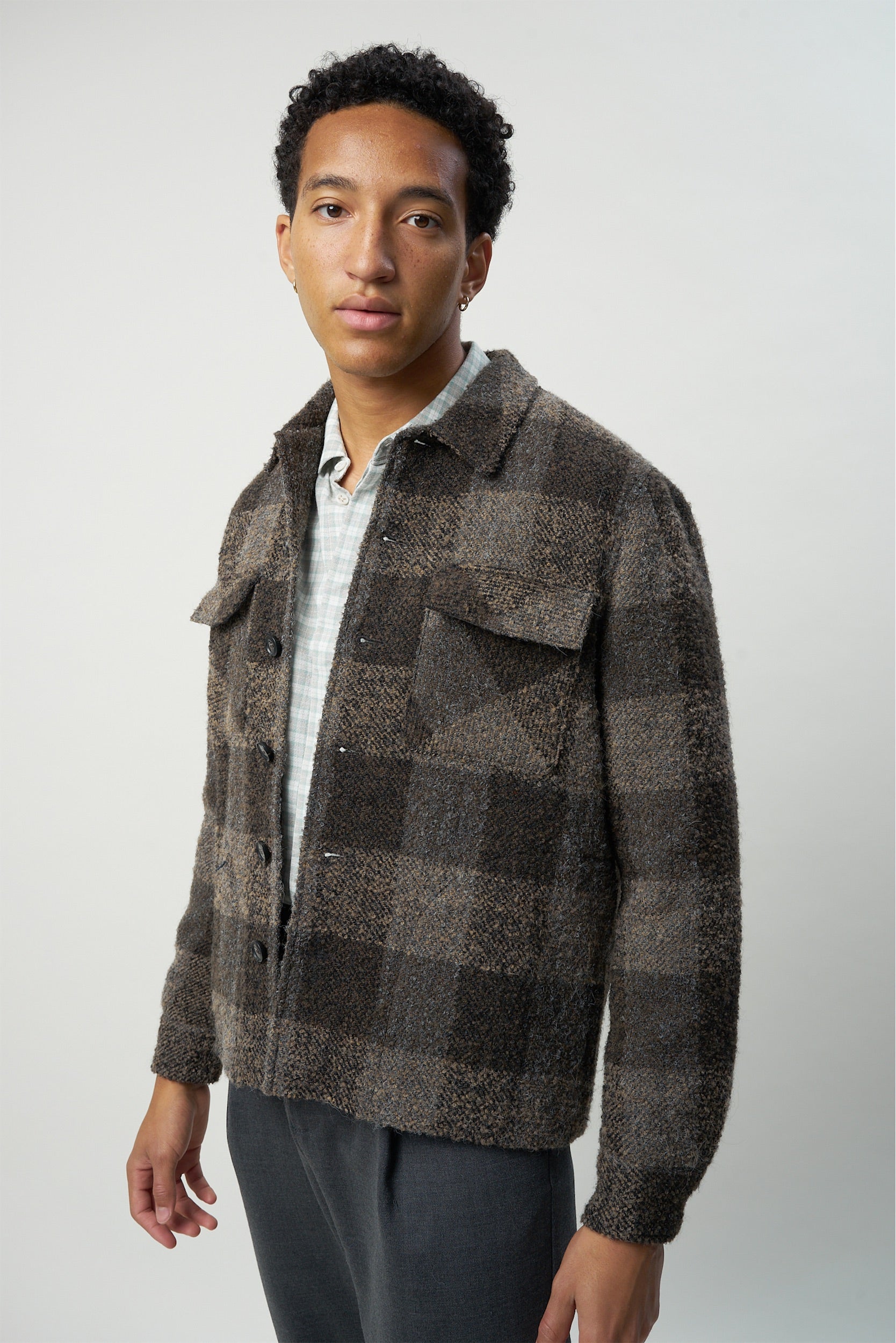 Winter Jacket in the Finest Tonal Brown Grey Chequered Italian Soft Virgin and Alpaca Wool with MEIDA Thermo Insulation