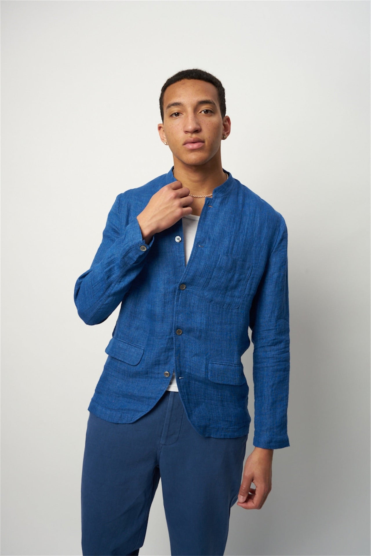 Strong Jacket in a Cobalt and Navy Blue Double Sided Fatigue Italian Linen and Cotton