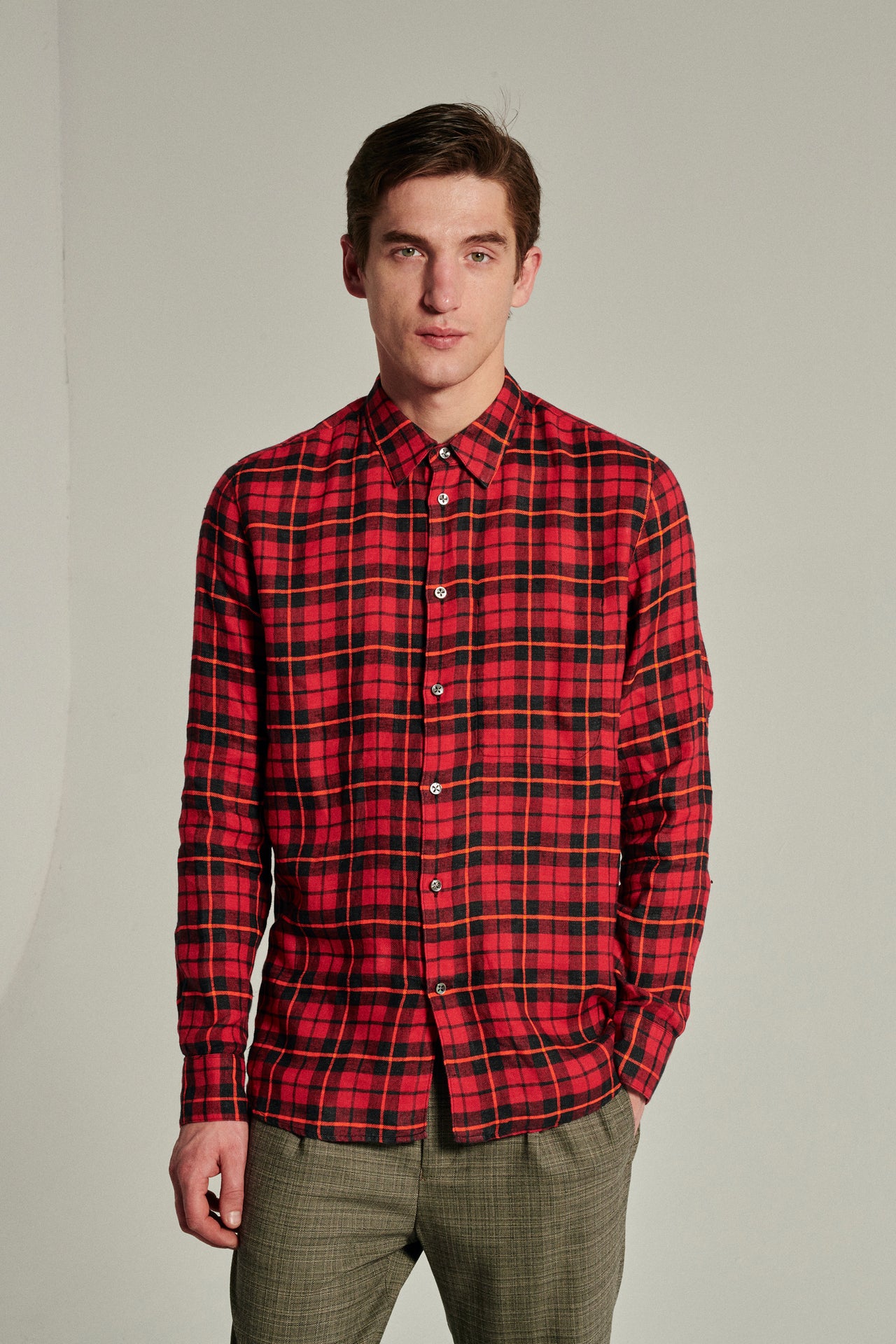 Feel Good Shirt in a Red, Orange and Black Chequered Italian Winter Linen Flannel