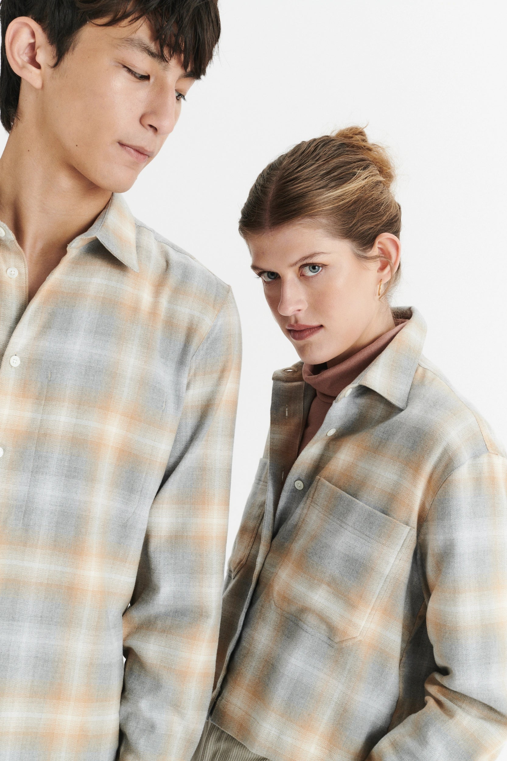 Cropped Shirt in a Soft Tonal Beige and Grey Chequered Italian Cotton Flannel