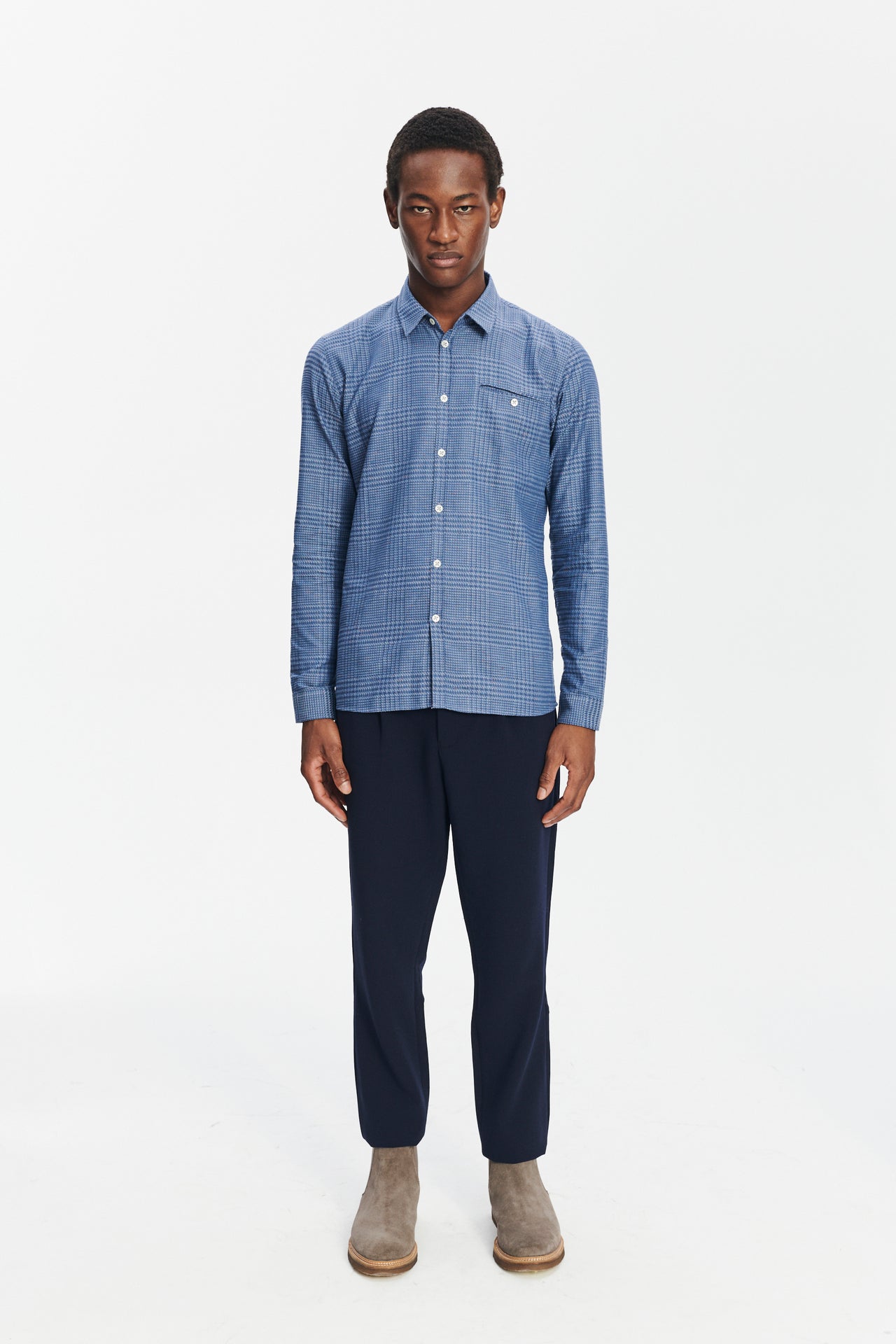 Proper Shirt in a Blue Subtle Prince of Wales Italian Cotton