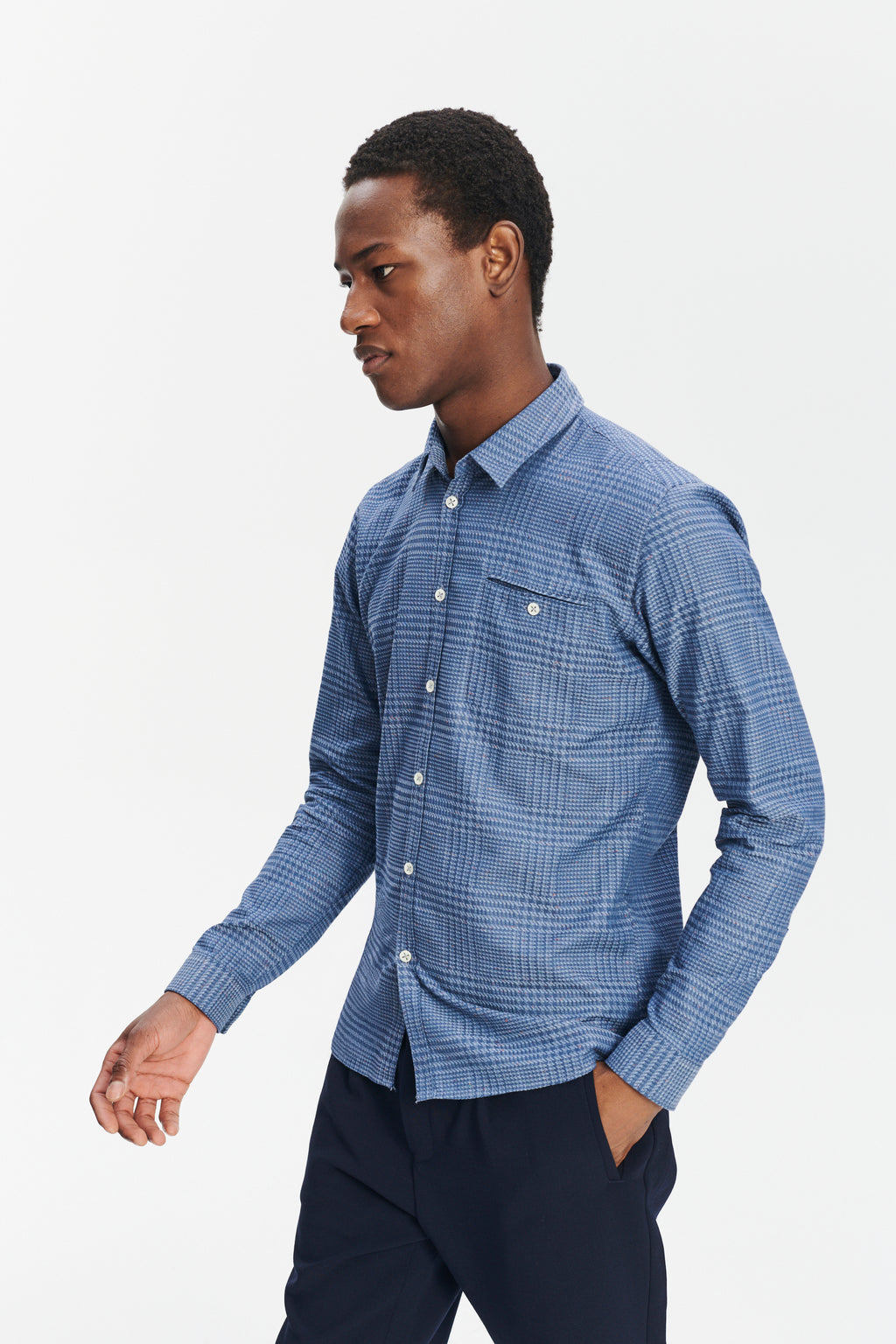 Proper Shirt in a Blue Subtle Prince of Wales Italian Cotton