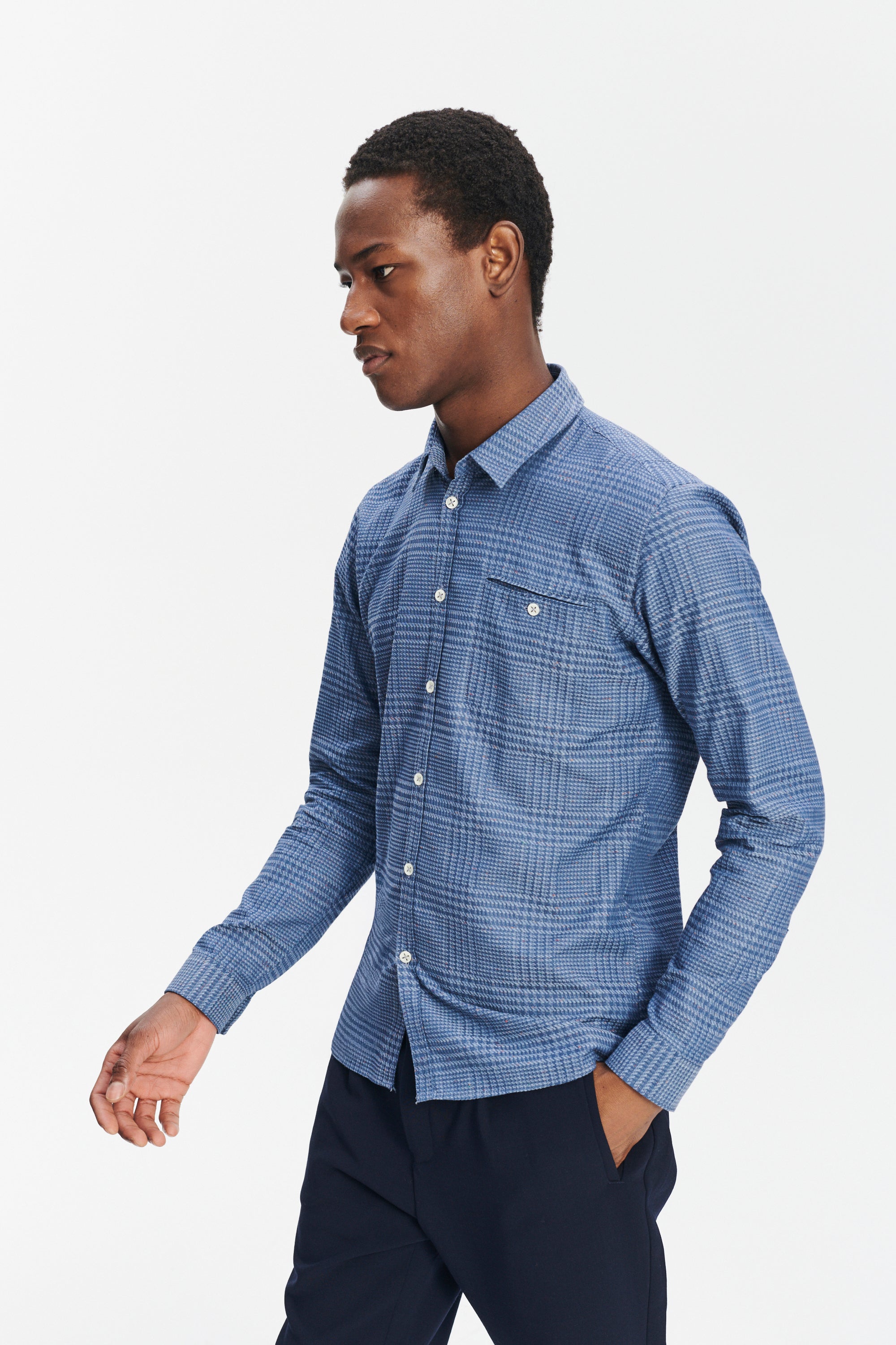Proper Shirt in a Blue Subtle Prince of Wales Italian Cotton