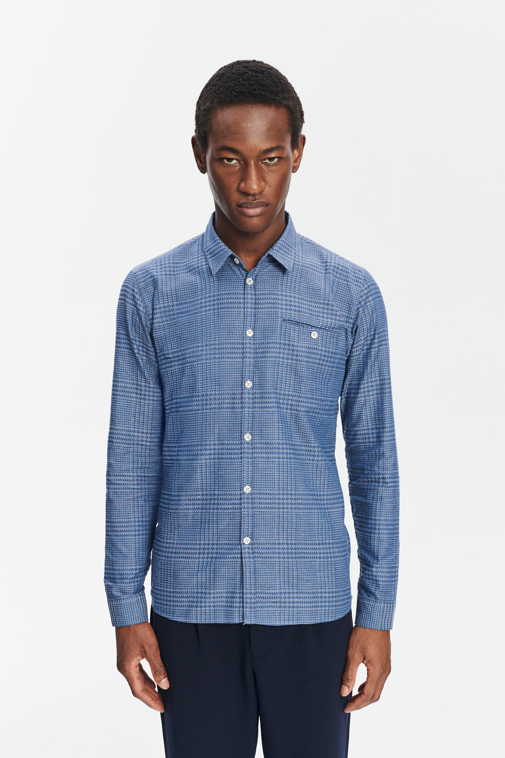 Proper Shirt in a Blue Subtle Prince of Wales Italian Cotton