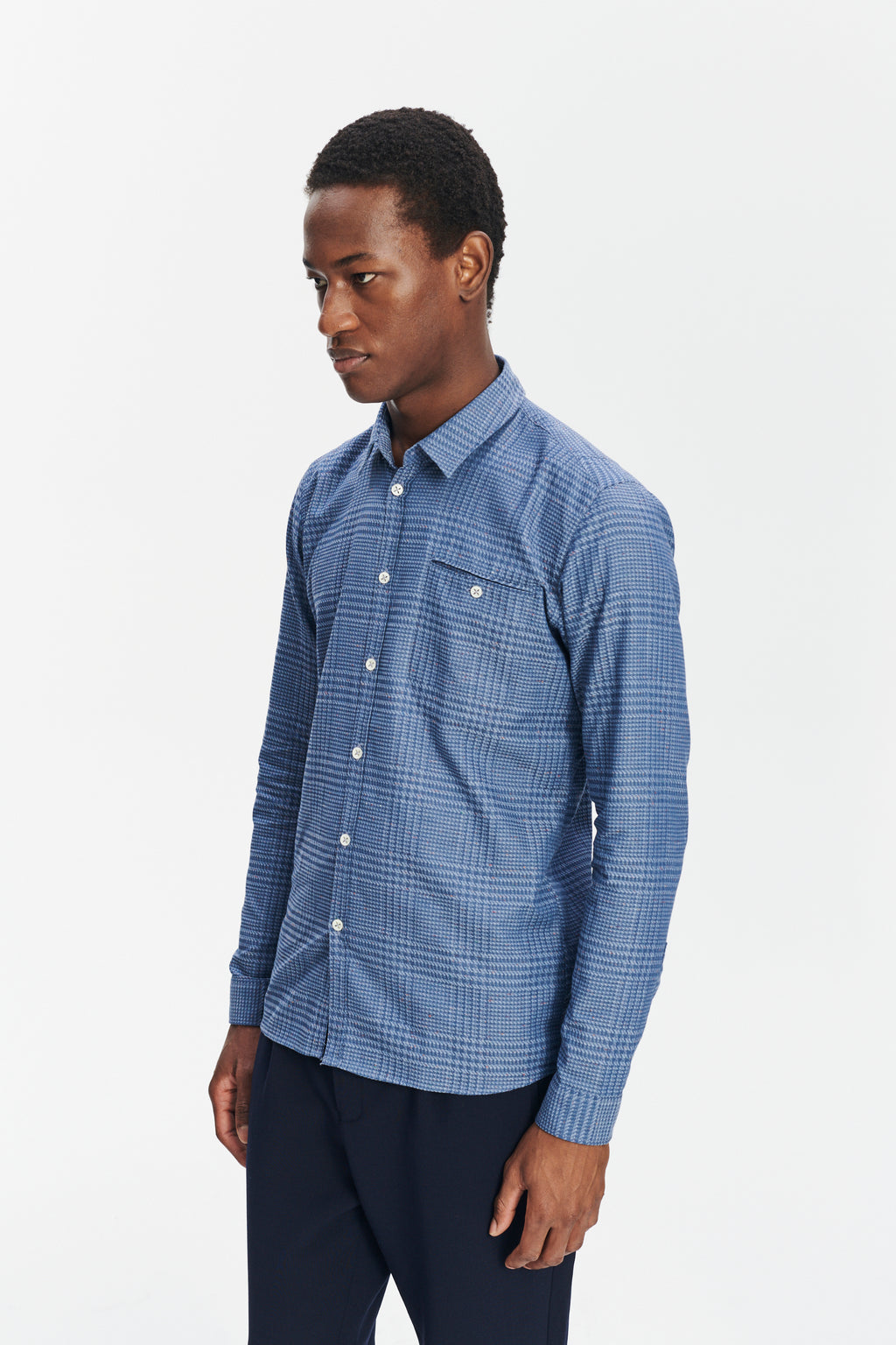 Proper Shirt in a Blue Subtle Prince of Wales Italian Cotton