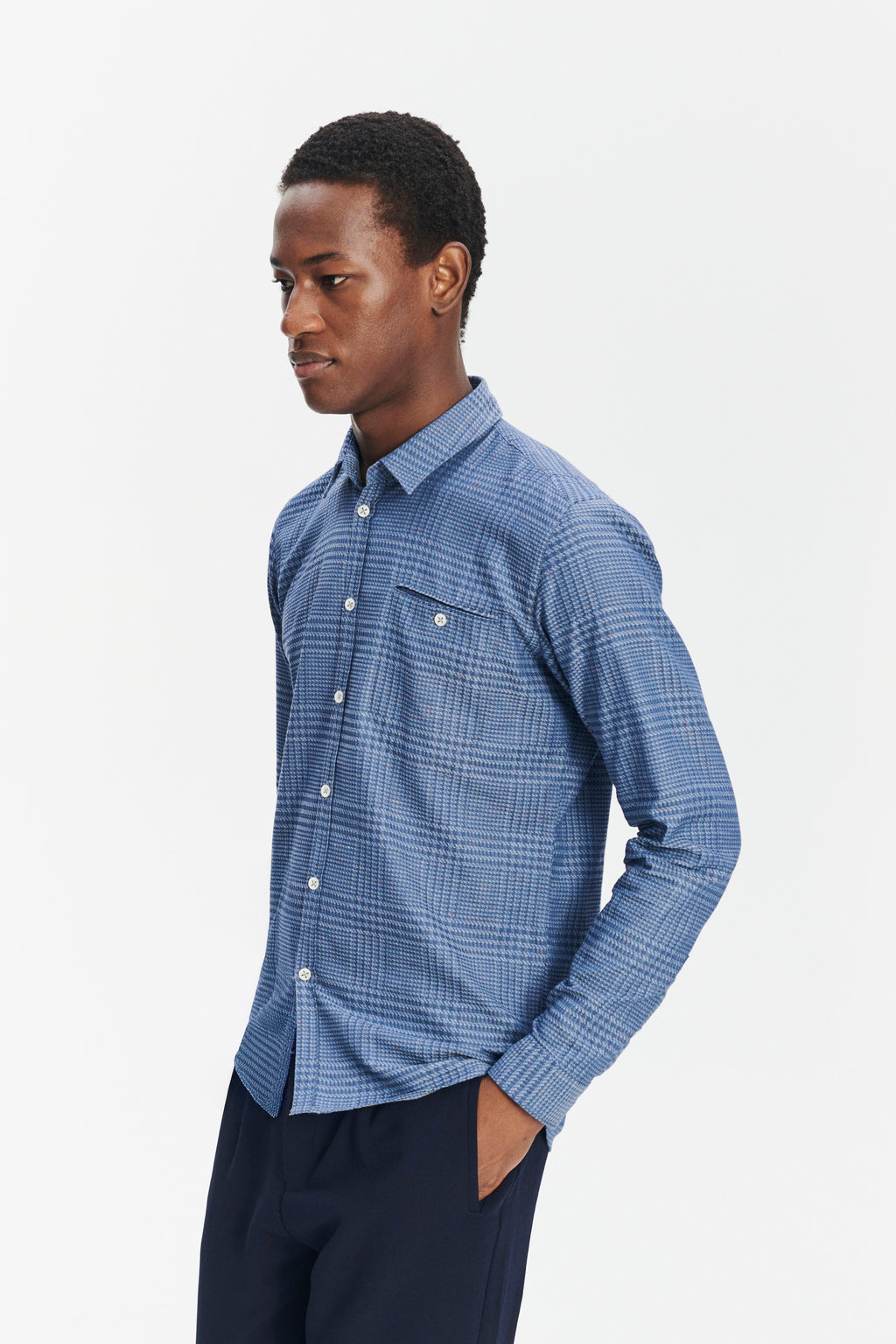 Proper Shirt in a Blue Subtle Prince of Wales Italian Cotton