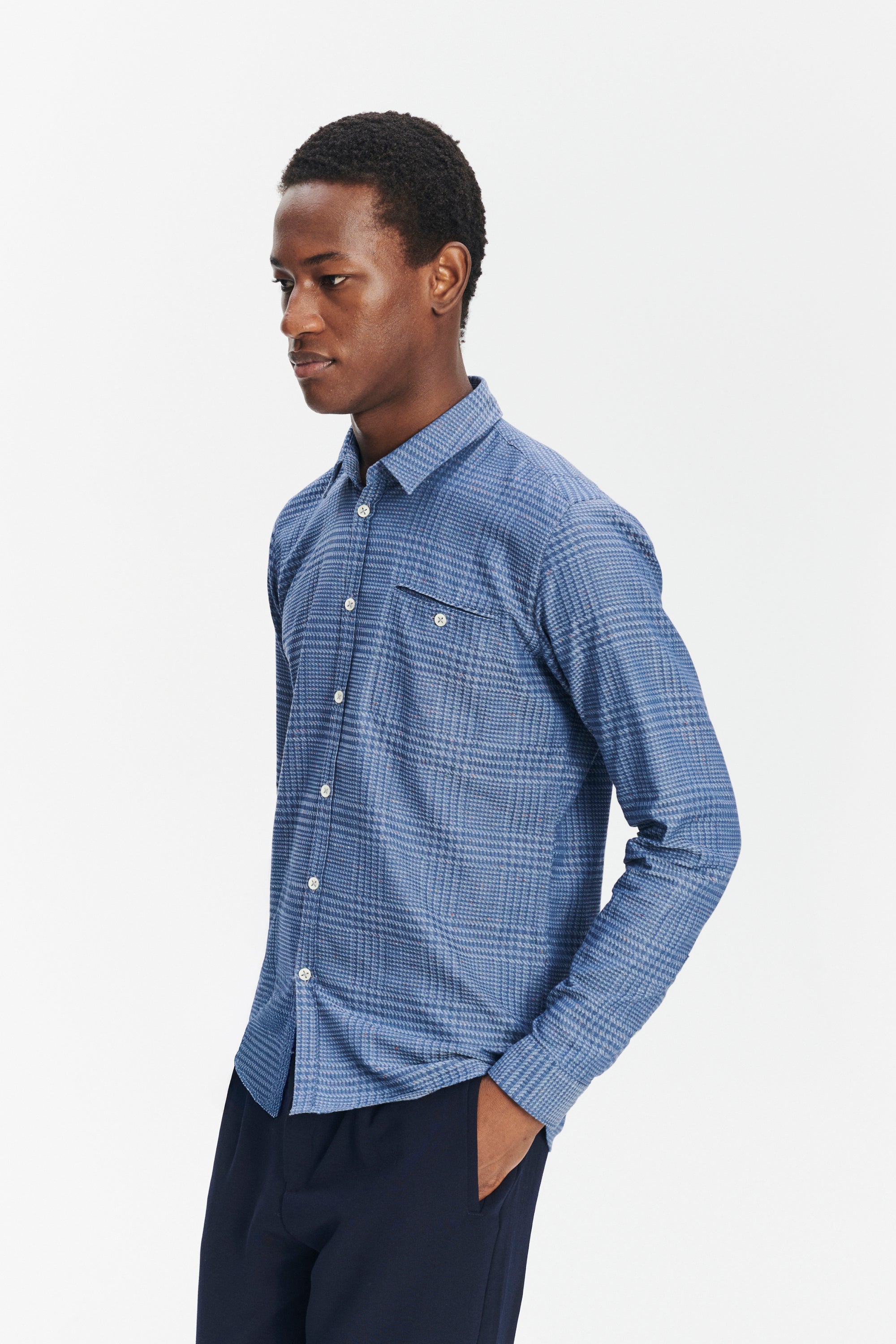 Proper Shirt in a Blue Subtle Prince of Wales Italian Cotton