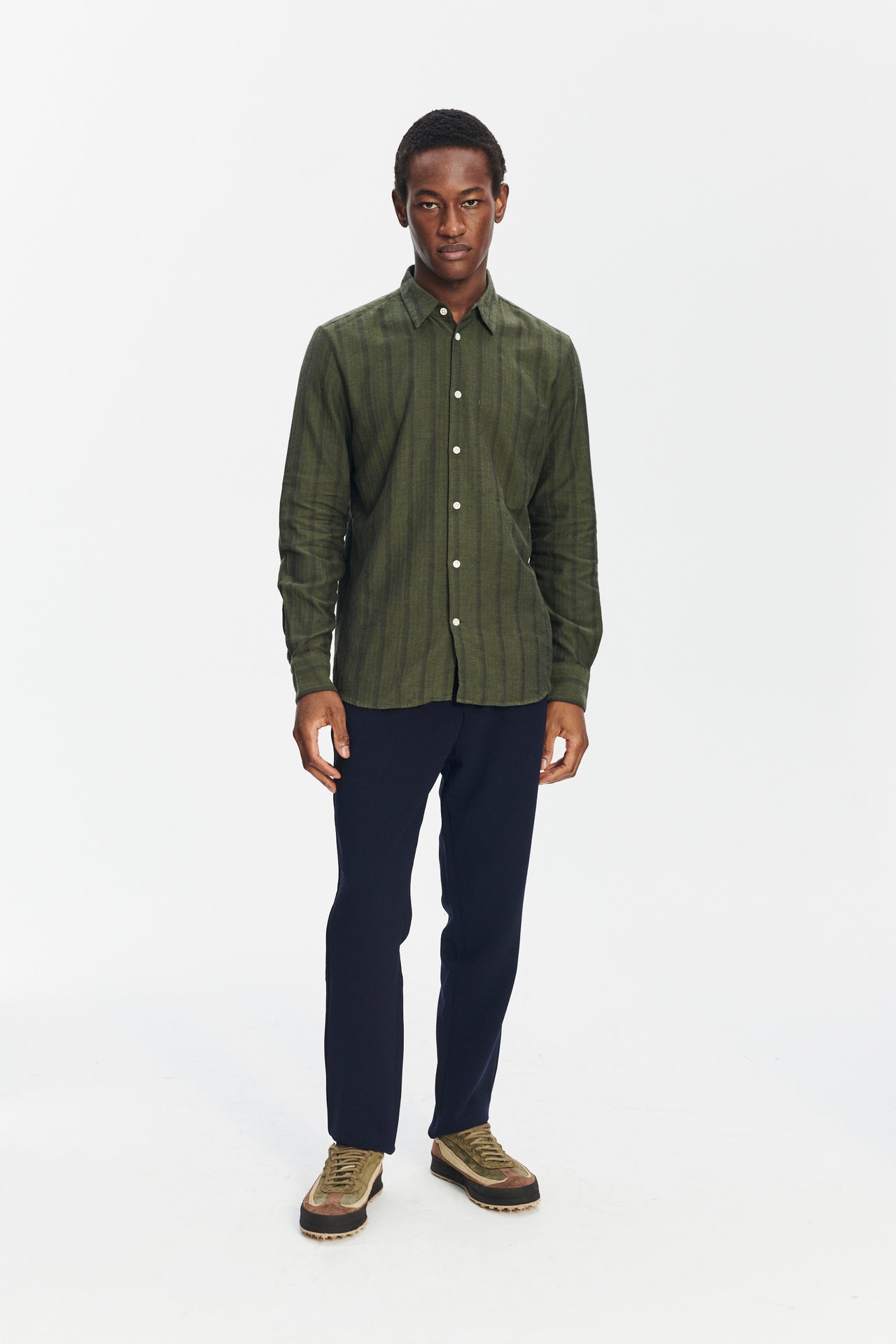 Feel Good Shirt in a Fine and Soft Green Tonal Herringbone Stripe Cotton Flannel