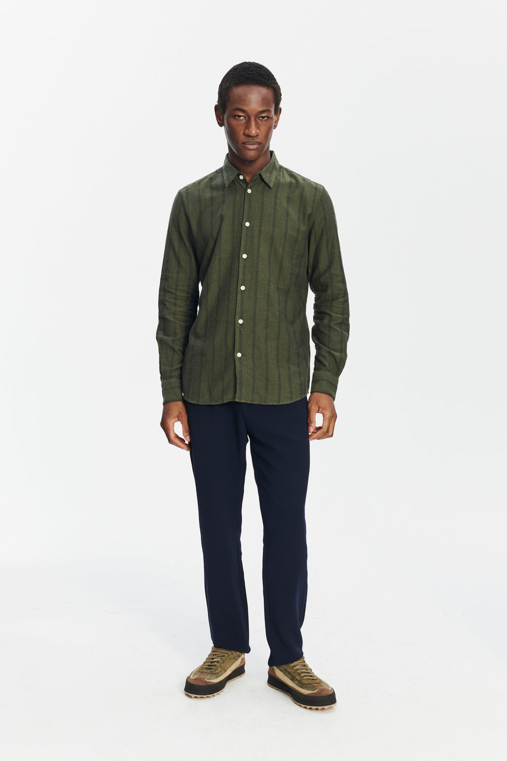 Feel Good Shirt in a Fine and Soft Green Tonal Herringbone Stripe Cotton Flannel