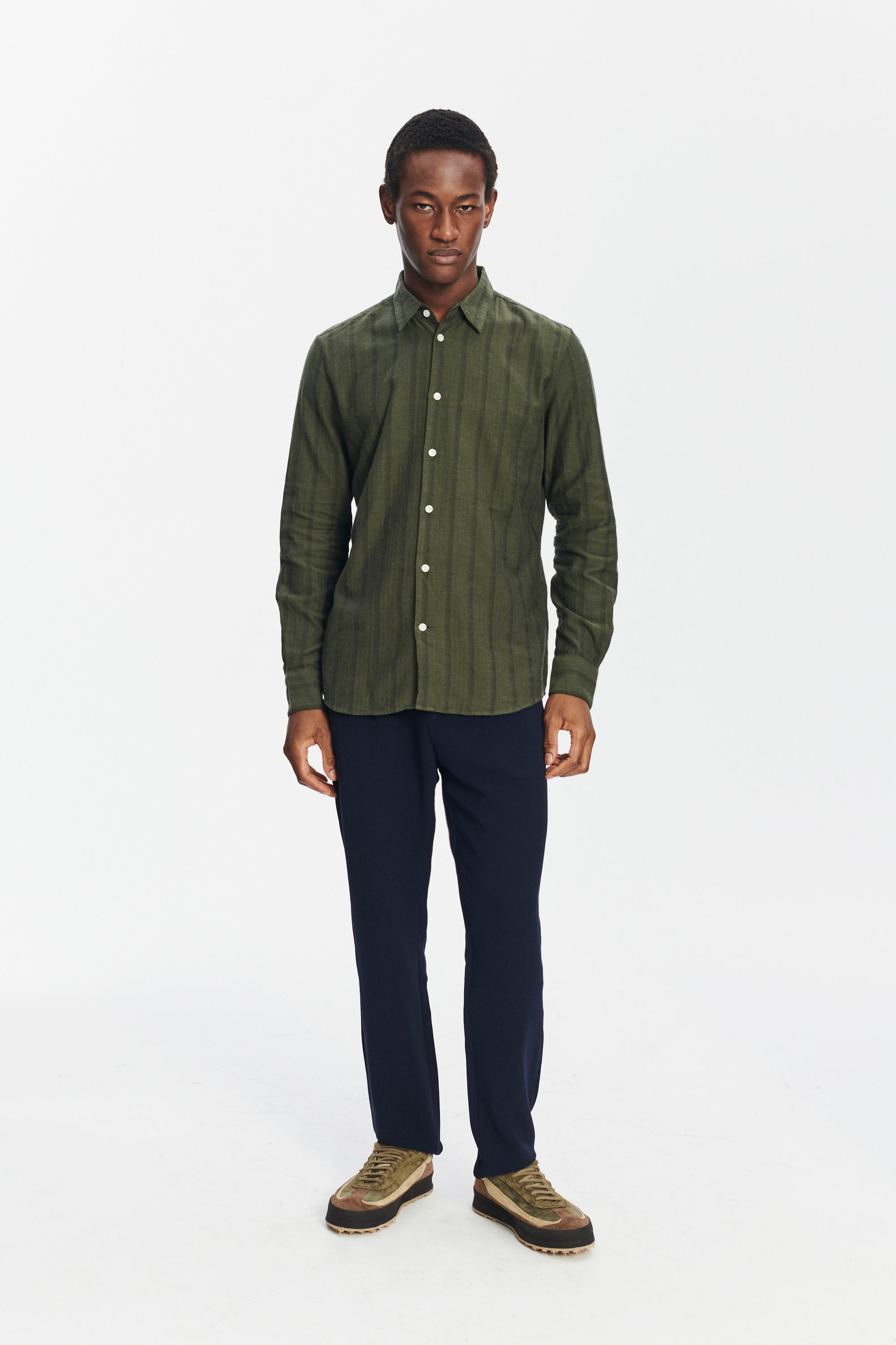 Feel Good Shirt in a Fine and Soft Green Tonal Herringbone Stripe Cotton Flannel