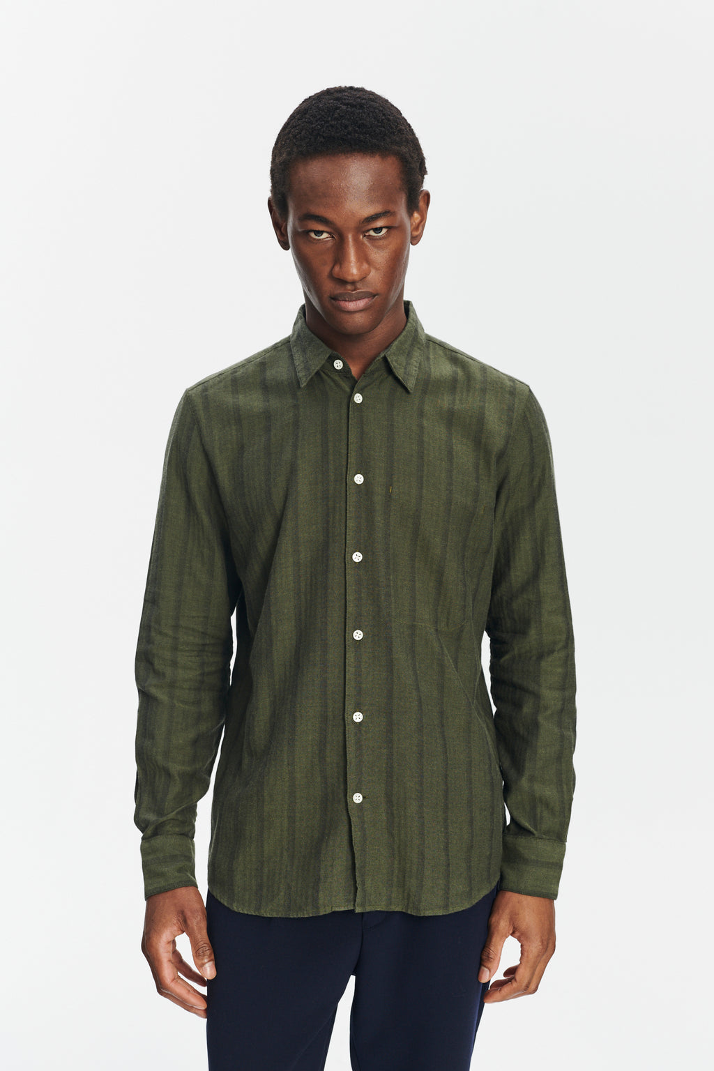 Feel Good Shirt in a Fine and Soft Green Tonal Herringbone Stripe Cotton Flannel