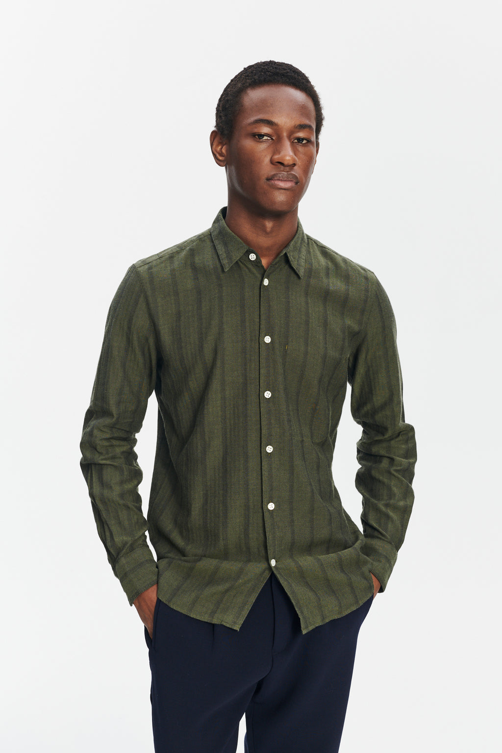 Feel Good Shirt in a Fine and Soft Green Tonal Herringbone Stripe Cotton Flannel