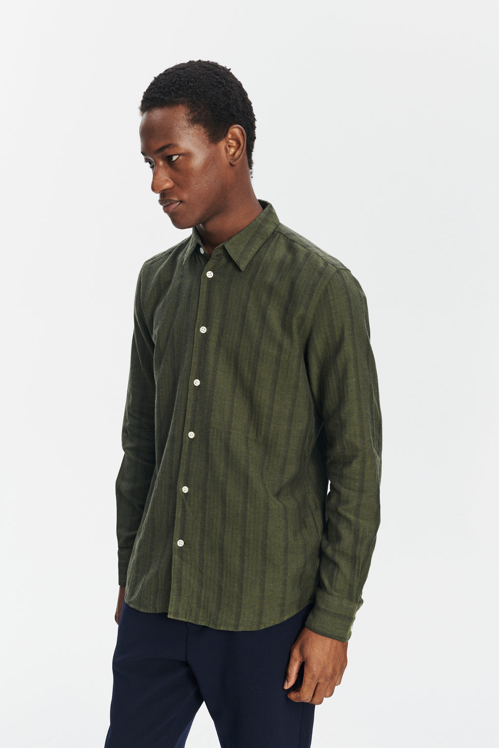 Feel Good Shirt in a Fine and Soft Green Tonal Herringbone Stripe Cotton Flannel