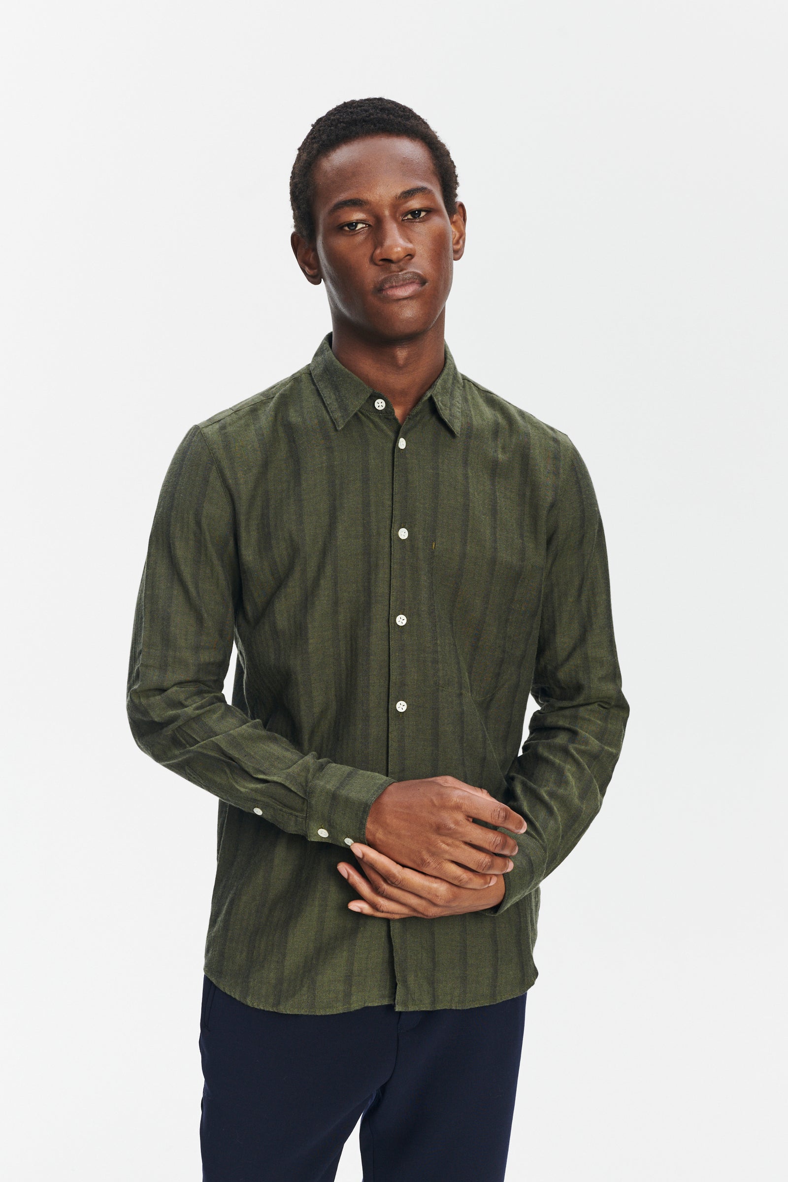 Feel Good Shirt in a Fine and Soft Green Tonal Herringbone Stripe Cotton Flannel