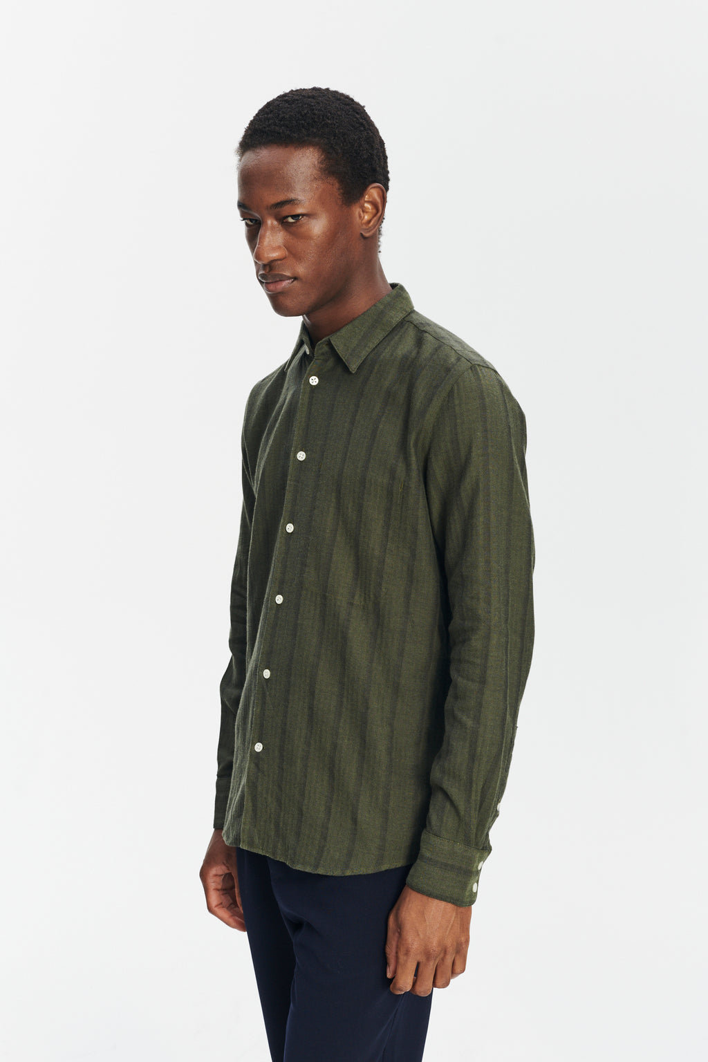 Feel Good Shirt in a Fine and Soft Green Tonal Herringbone Stripe Cotton Flannel