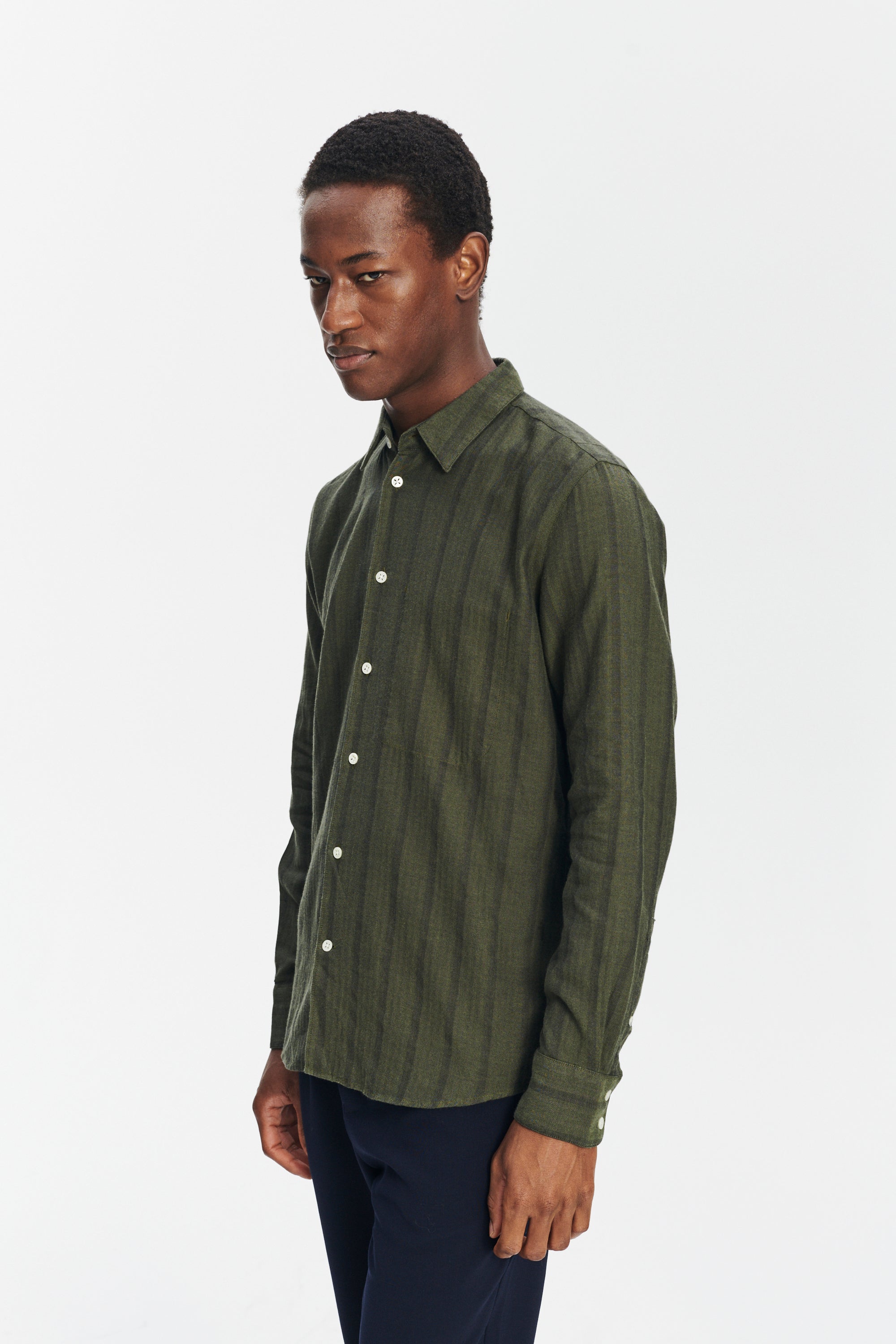 Feel Good Shirt in a Fine and Soft Green Tonal Herringbone Stripe Cotton Flannel