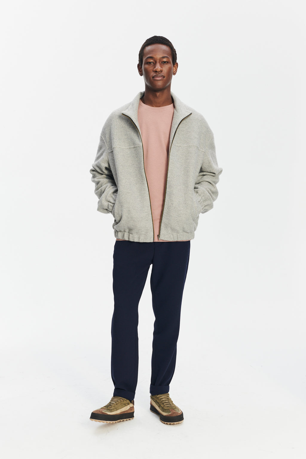 New Zipped Blouson Jacket in a Creme Grey Portuguese Recycled Wool and Organic Cotton