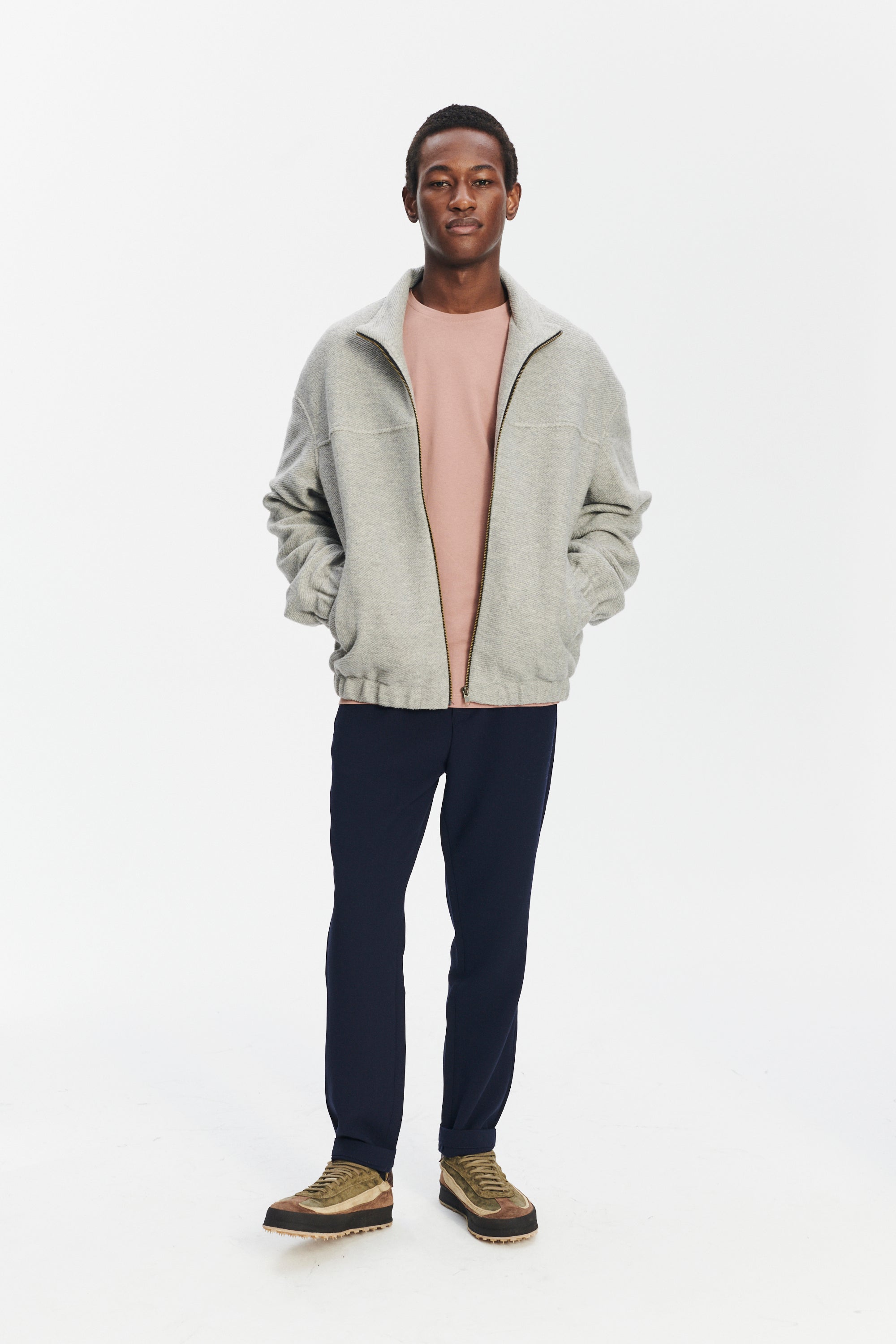 New Zipped Blouson Jacket in a Creme Grey Portuguese Recycled Wool and Organic Cotton