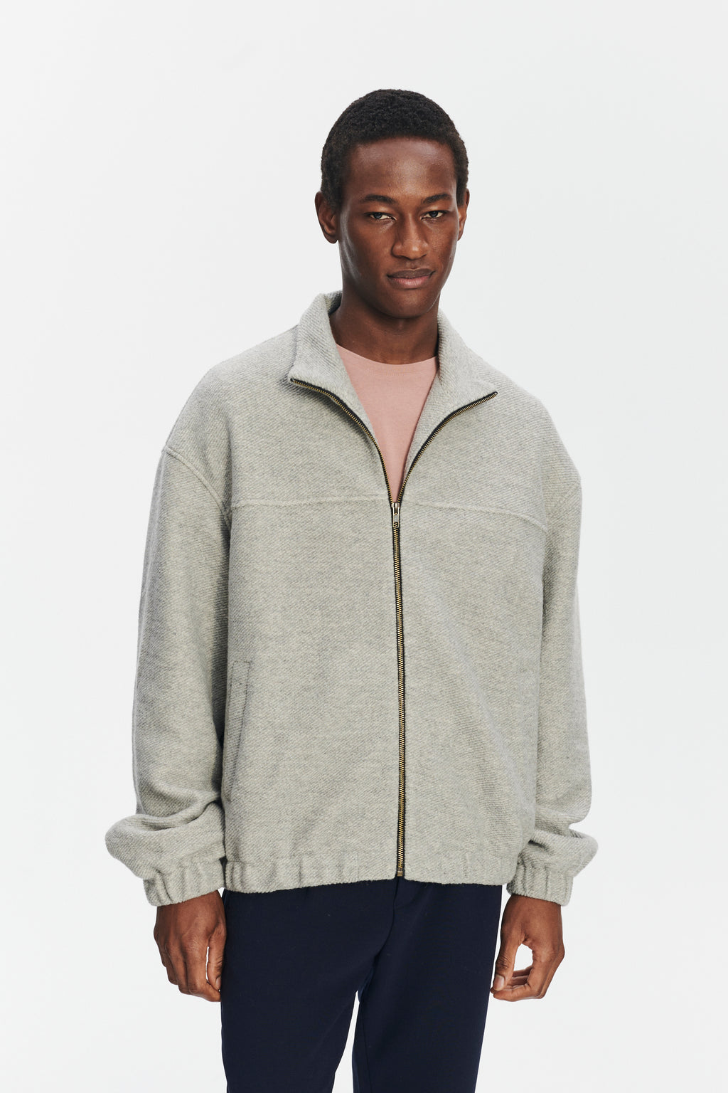 New Zipped Blouson Jacket in a Creme Grey Portuguese Recycled Wool and Organic Cotton