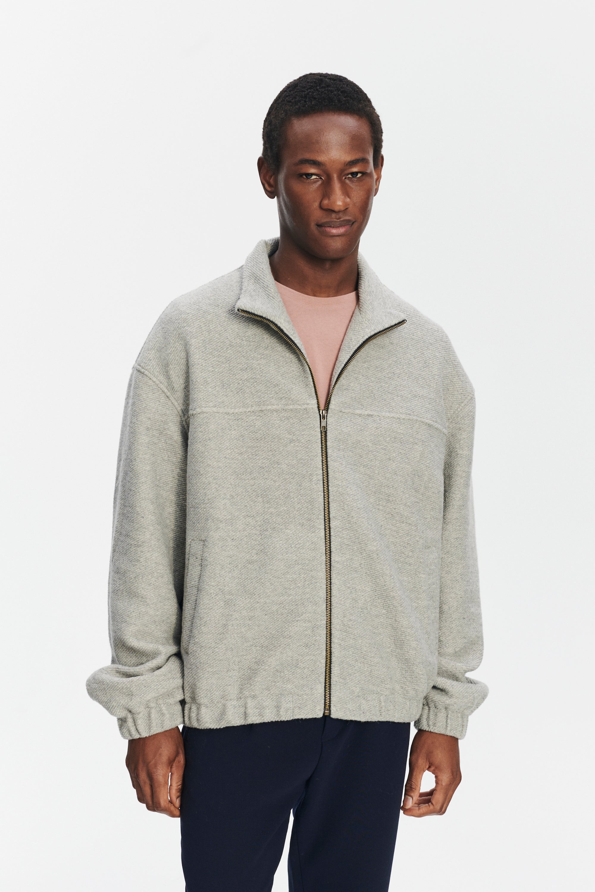 New Zipped Blouson Jacket in a Creme Grey Portuguese Recycled Wool and Organic Cotton