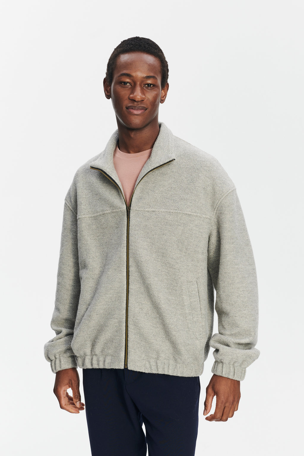 New Zipped Blouson Jacket in a Creme Grey Portuguese Recycled Wool and Organic Cotton