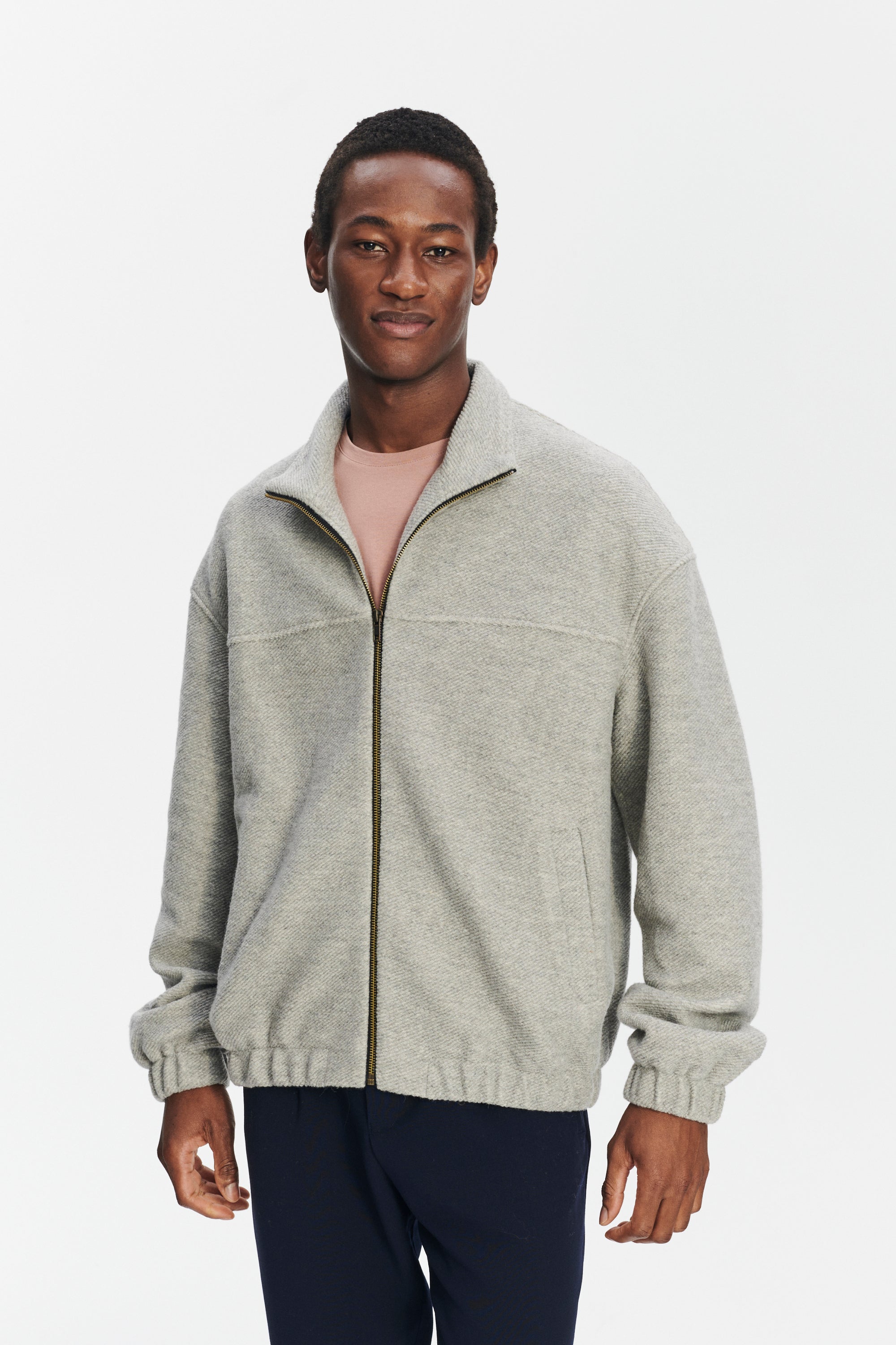 New Zipped Blouson Jacket in a Creme Grey Portuguese Recycled Wool and Organic Cotton