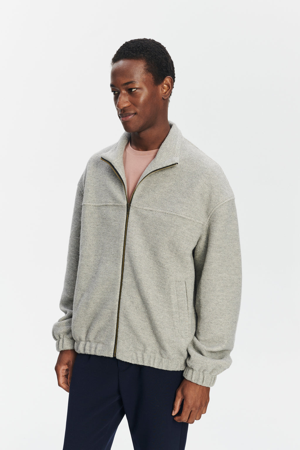 New Zipped Blouson Jacket in a Creme Grey Portuguese Recycled Wool and Organic Cotton