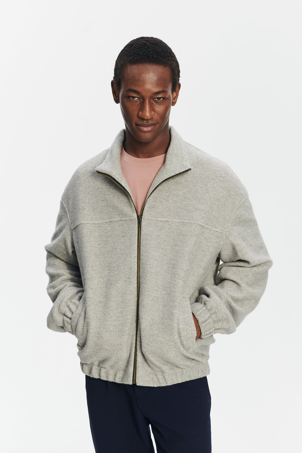 New Zipped Blouson Jacket in a Creme Grey Portuguese Recycled Wool and Organic Cotton