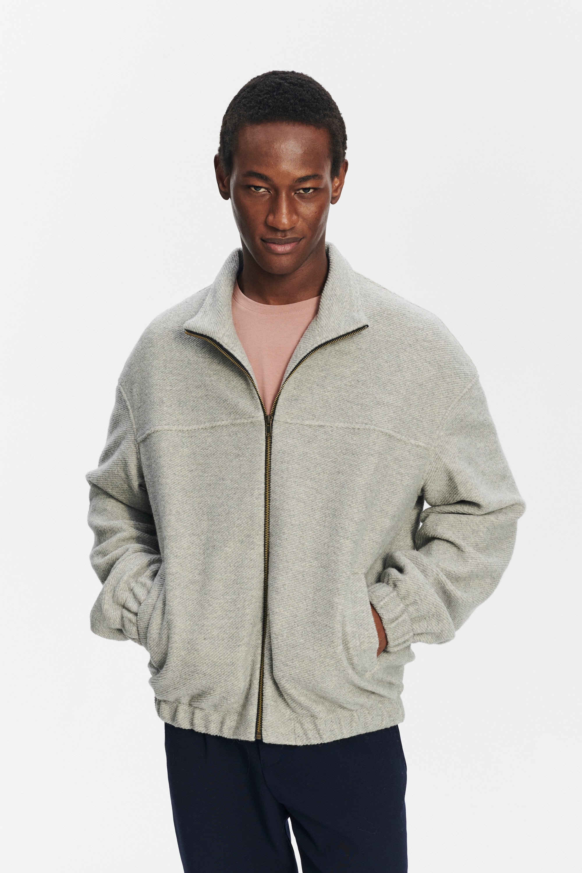 New Zipped Blouson Jacket in a Creme Grey Portuguese Recycled Wool and Organic Cotton