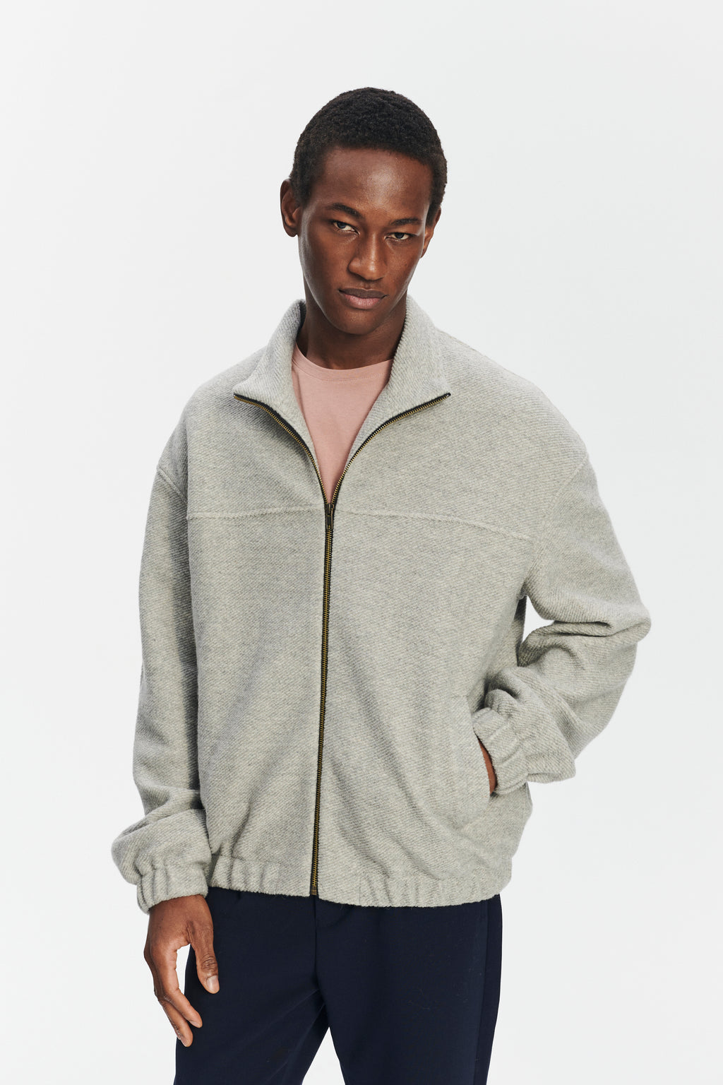 New Zipped Blouson Jacket in a Creme Grey Portuguese Recycled Wool and Organic Cotton