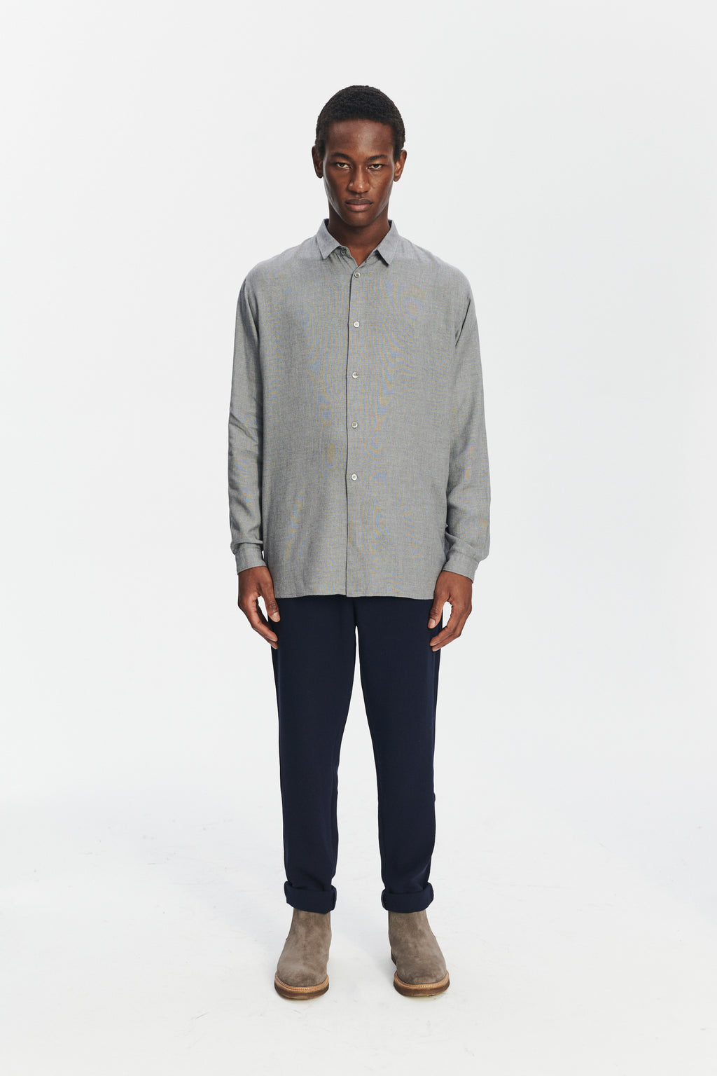 Long Sleeve Oversized Boxy Shirt in a Grey Portuguese Modal and Merino Wool Blend