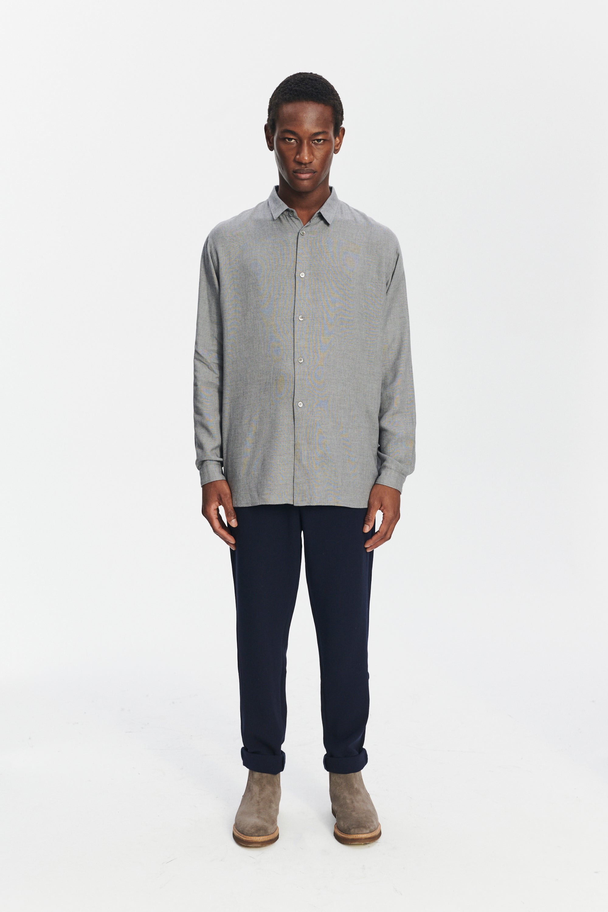 Long Sleeve Oversized Boxy Shirt in a Grey Portuguese Modal and Merino Wool Blend