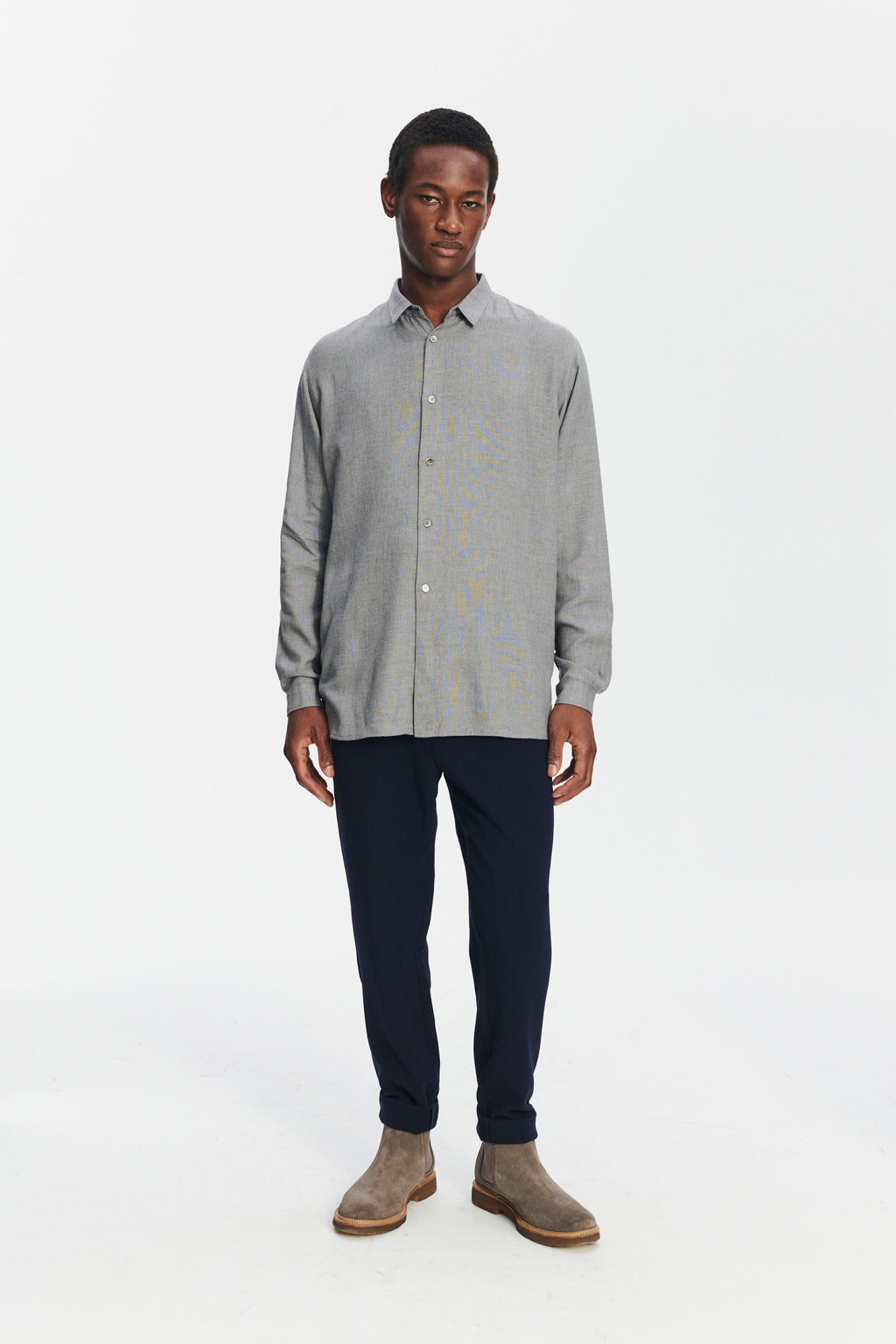 Long Sleeve Oversized Boxy Shirt in a Grey Portuguese Modal and Merino Wool Blend