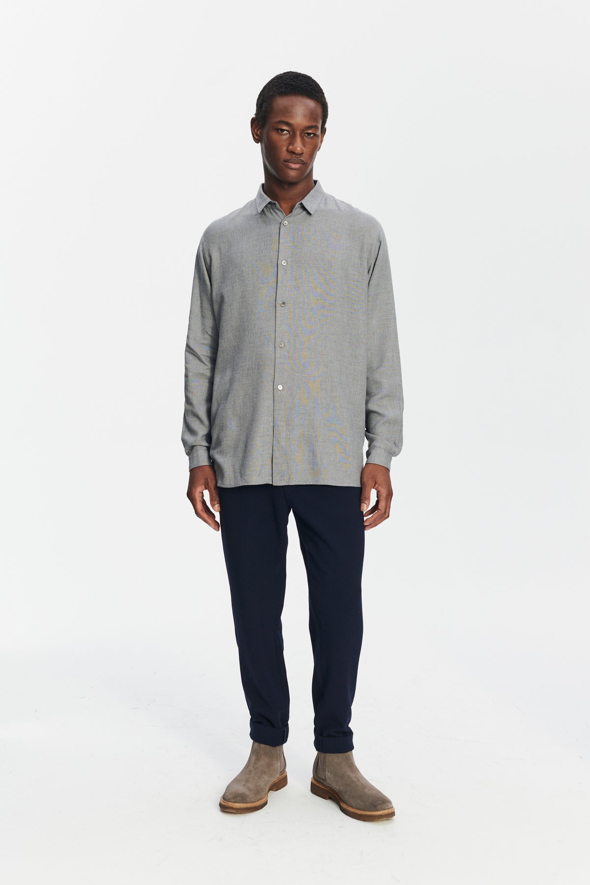 Long Sleeve Oversized Boxy Shirt in a Grey Portuguese Modal and Merino Wool Blend