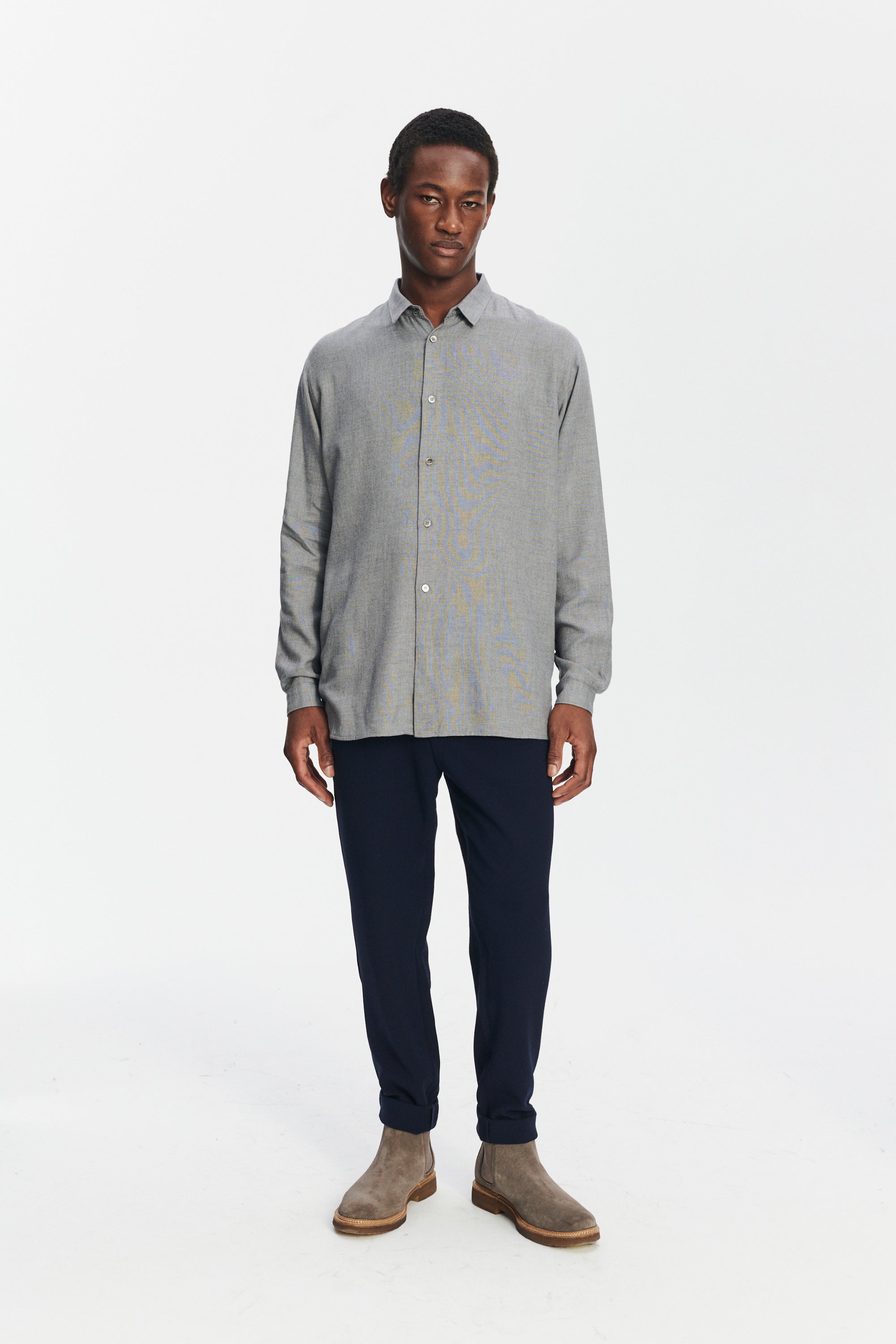 Long Sleeve Oversized Boxy Shirt in a Grey Portuguese Modal and Merino Wool Blend