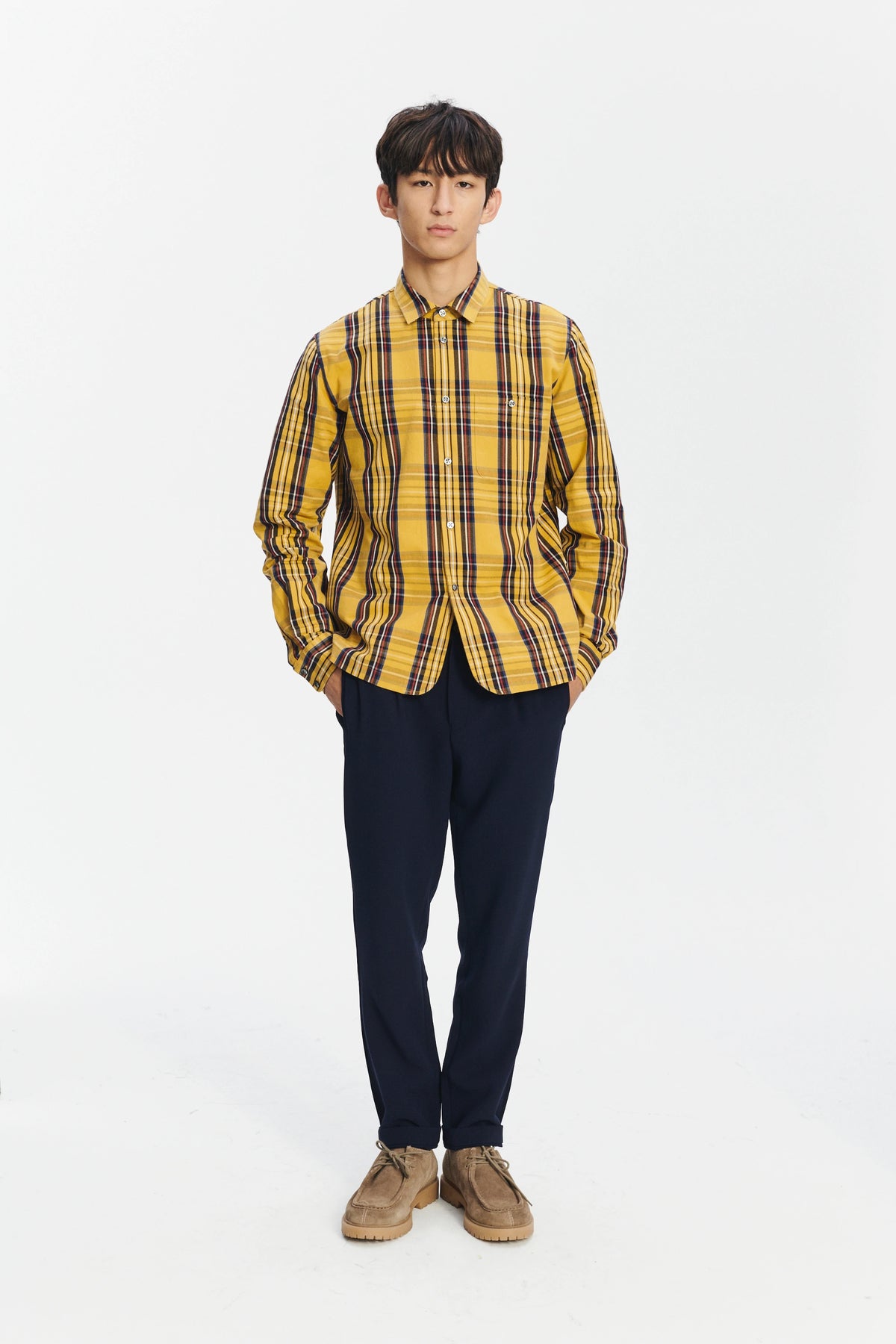 Strong Shirt in a Yellow, Red and Dark Blue Chequered Italian Sturdy Italian Cotton