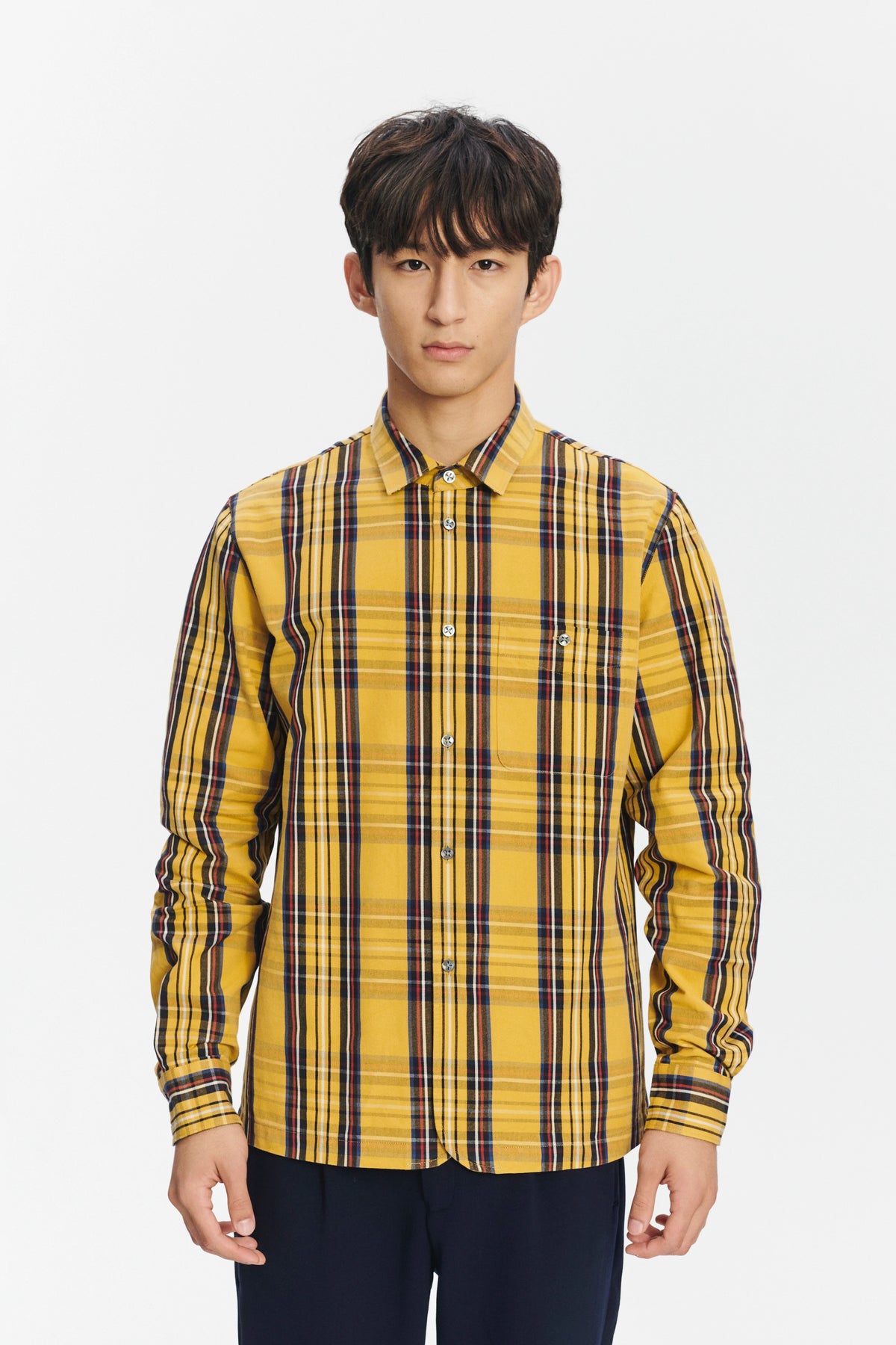 Strong Shirt in a Yellow, Red and Dark Blue Chequered Italian Sturdy Italian Cotton