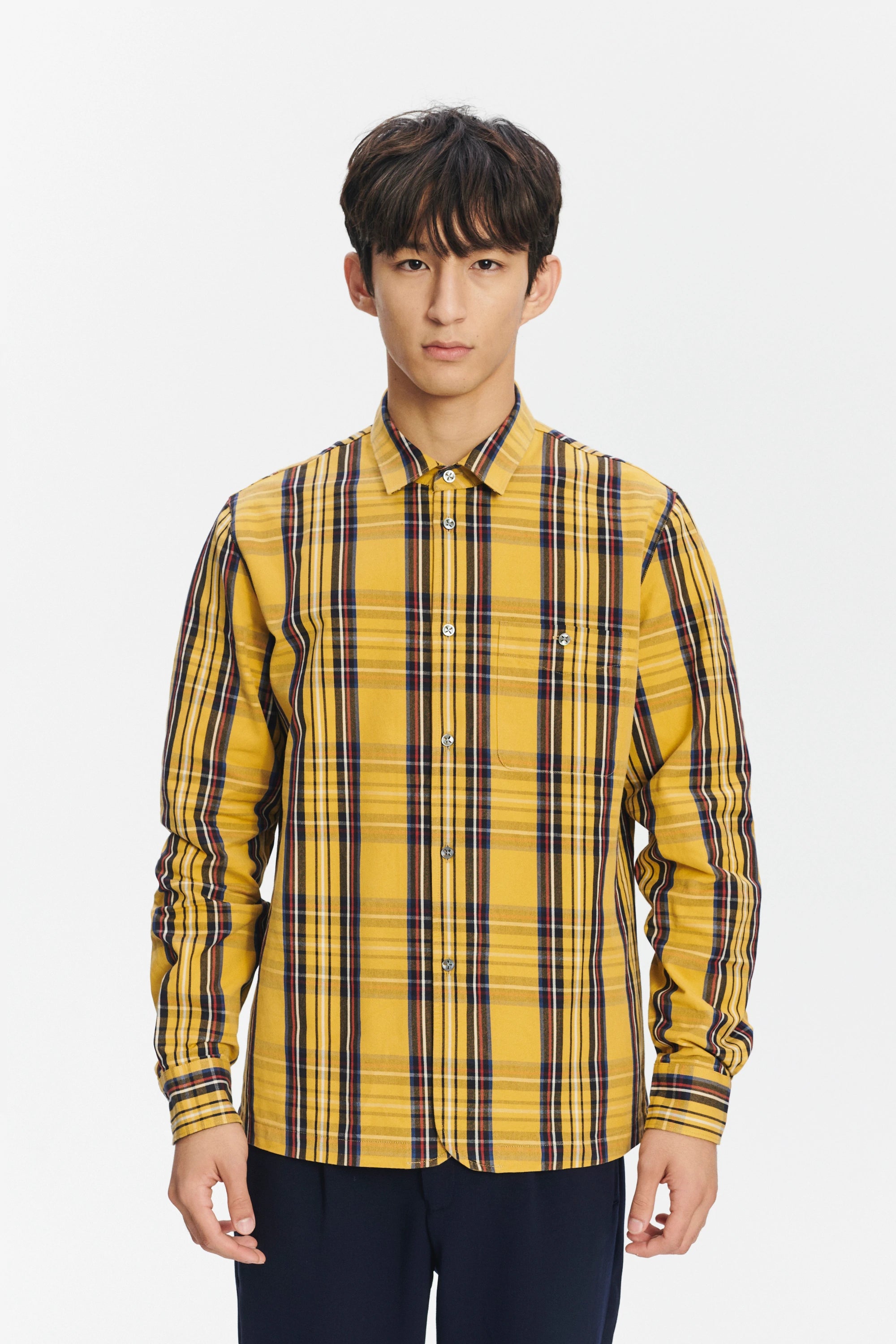 Strong Shirt in a Yellow, Red and Dark Blue Chequered Italian Sturdy Italian Cotton Last Restock