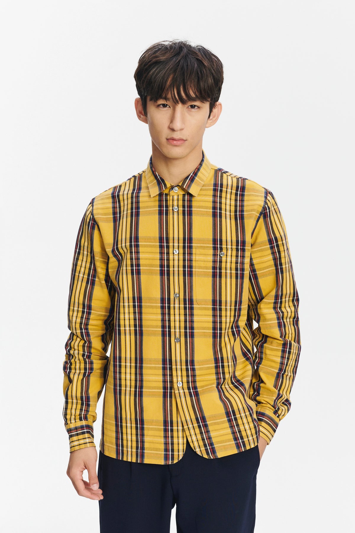 Strong Shirt in a Yellow, Red and Dark Blue Chequered Italian Sturdy Italian Cotton