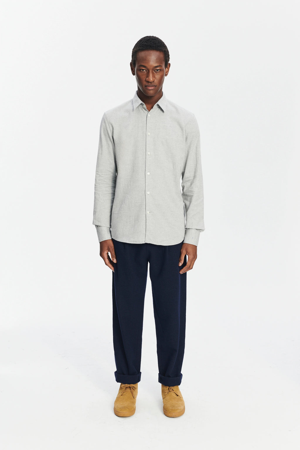 Feel Good Shirt in a Light Sky Grey Portuguese Cotton and Cashmere Flannel